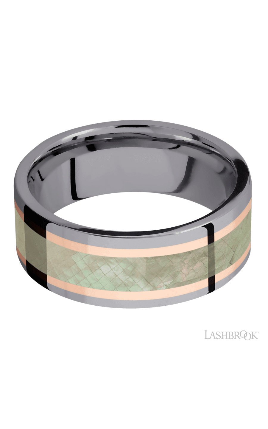 8 mm wide/Flat/Tantalum band featuring inlays of 14K Rose Gold and Freshwater Mother of Pearl.
