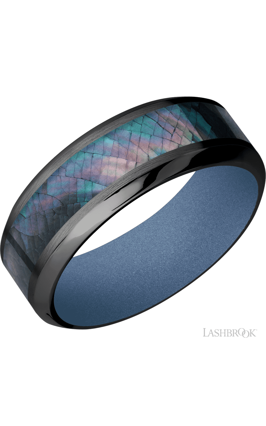 8 mm wide/High Bevel/Zirconium band with one 4 mm Centered inlay of Black Mother of Pearl also featuring a Crushed Orchid sleeve.