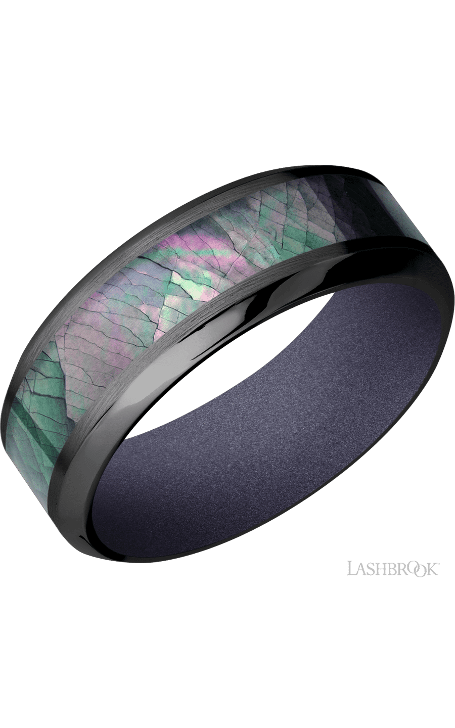 8 mm wide/High Bevel/Zirconium band with one 4 mm Centered inlay of Black Mother of Pearl also featuring a Crushed Orchid sleeve.