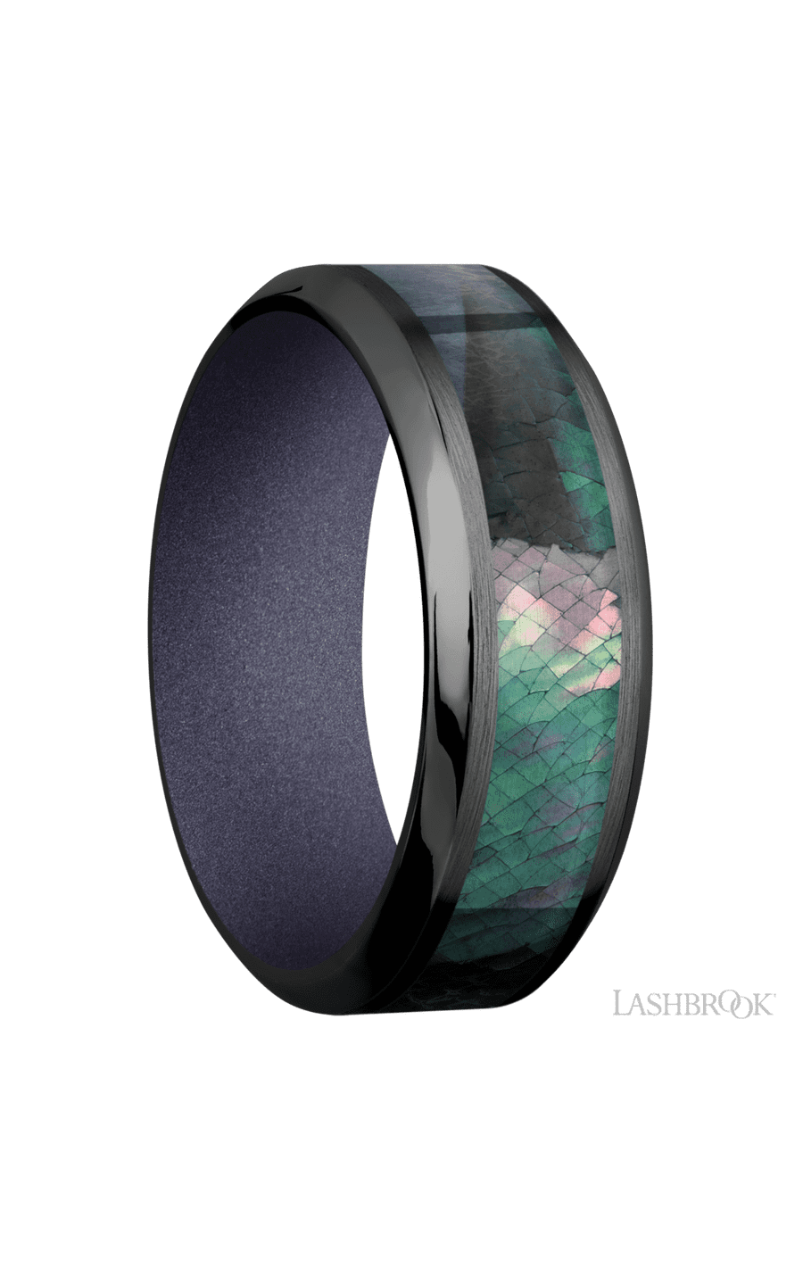 8 mm wide/High Bevel/Zirconium band with one 4 mm Centered inlay of Black Mother of Pearl also featuring a Crushed Orchid sleeve.