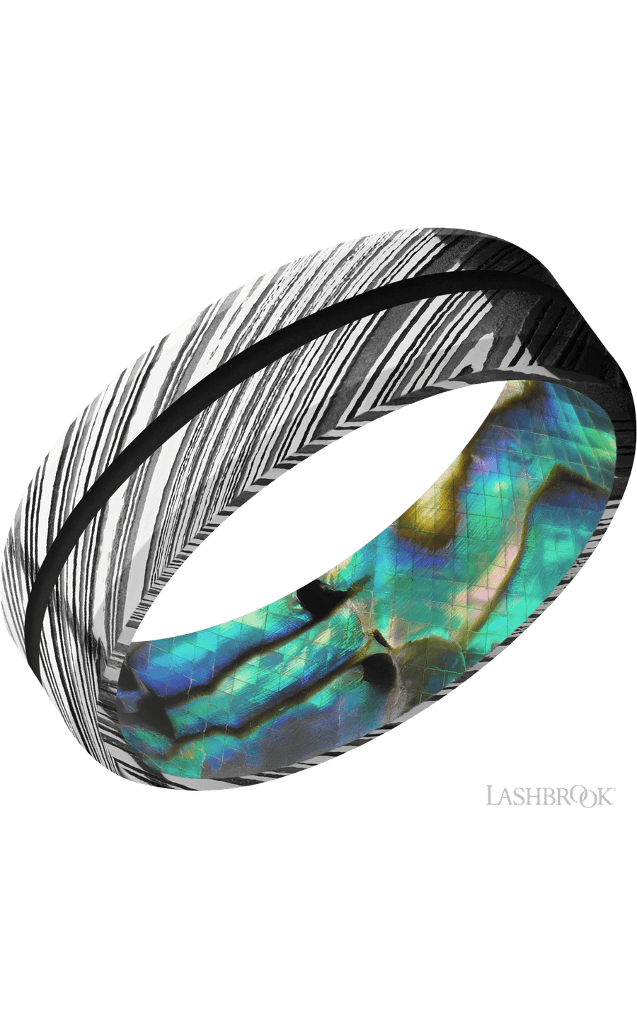 7 mm wide/Beveled/Woodgrain band with one 1 mm Centered inlay of Black also featuring a Abalone sleeve.