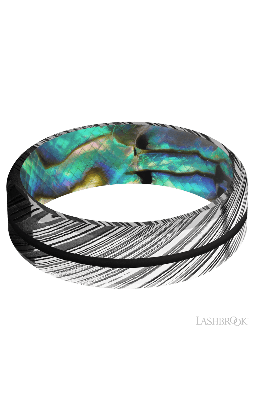 7 mm wide/Beveled/Woodgrain band with one 1 mm Centered inlay of Black also featuring a Abalone sleeve.
