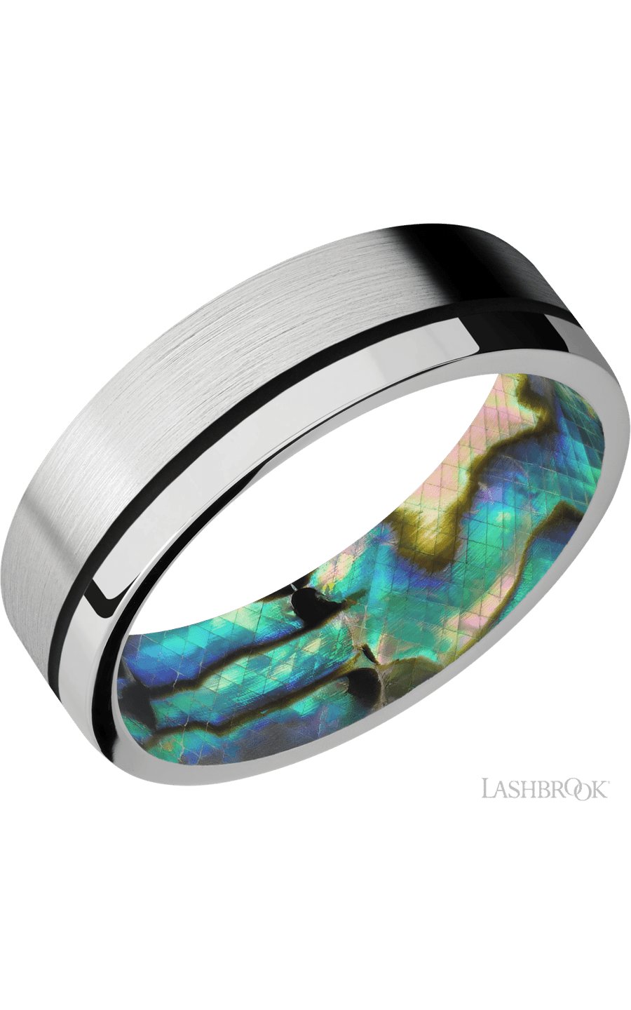 7 mm wide/Flat/14K White Gold band with one 0.5 mm Off Center inlay of Black also featuring a Abalone sleeve.