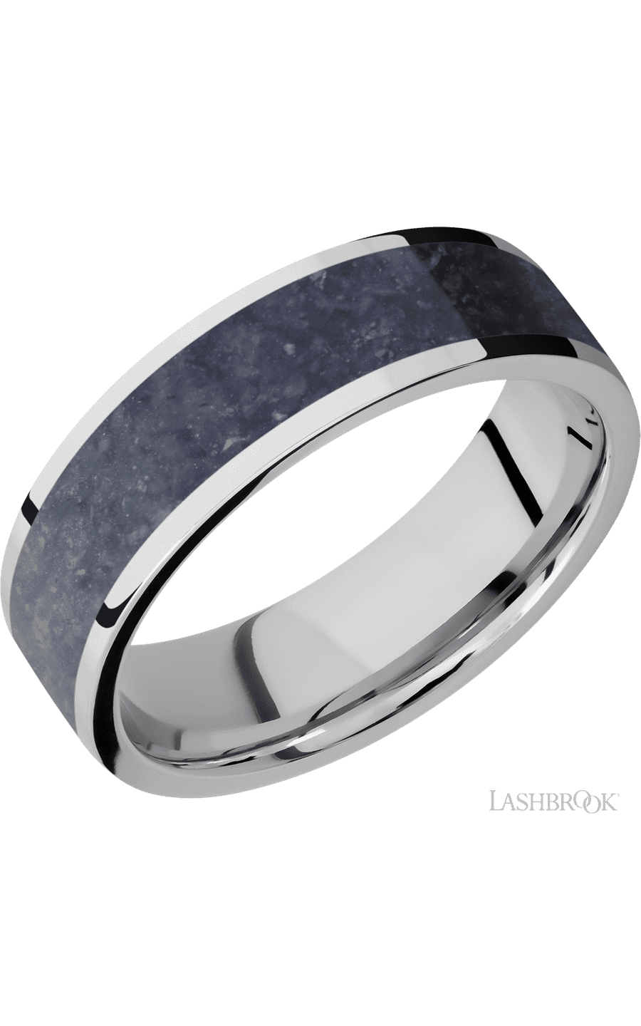 7 mm wide/Flat/Cobalt Chrome band with one 5 mm Centered inlay of Sodalite.
