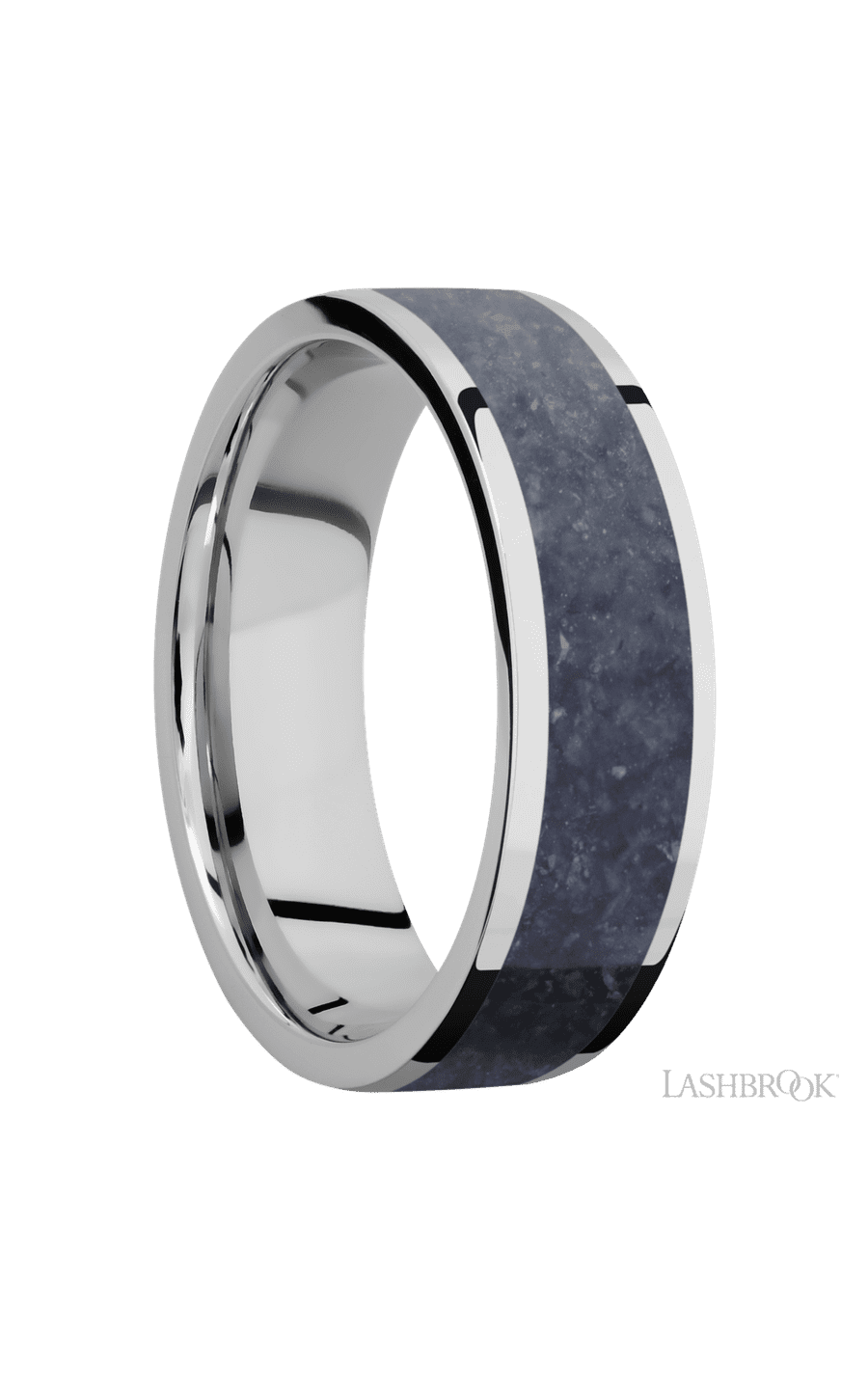 7 mm wide/Flat/Cobalt Chrome band with one 5 mm Centered inlay of Sodalite.