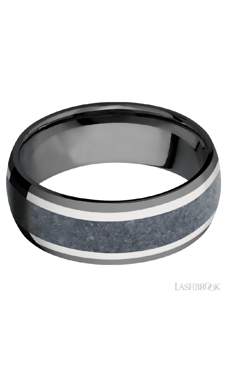 8 mm wide/Domed/Zirconium band featuring inlays of 14K White Gold and Blue Sapphire.