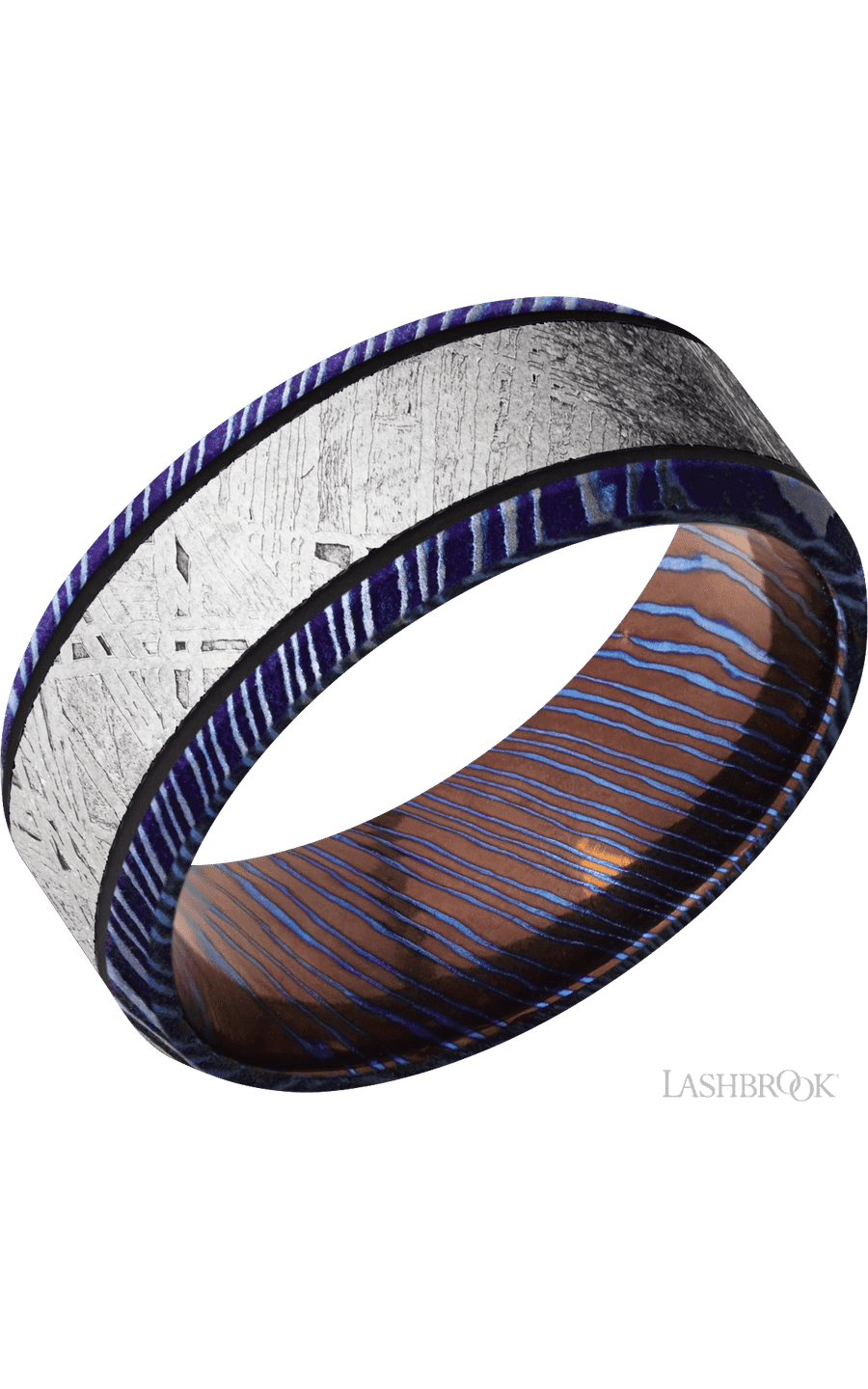 8 mm wide/Beveled/Titanium Damascus band with one 5 mm Centered inlay of Meteorite.