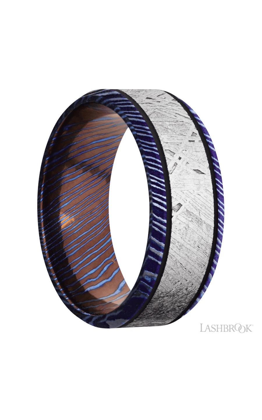 8 mm wide/Beveled/Titanium Damascus band with one 5 mm Centered inlay of Meteorite.