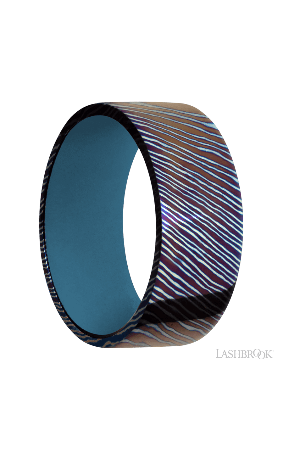 9 mm wide Flat Titanium Damascus band featuring a Royal Blue sleeve.