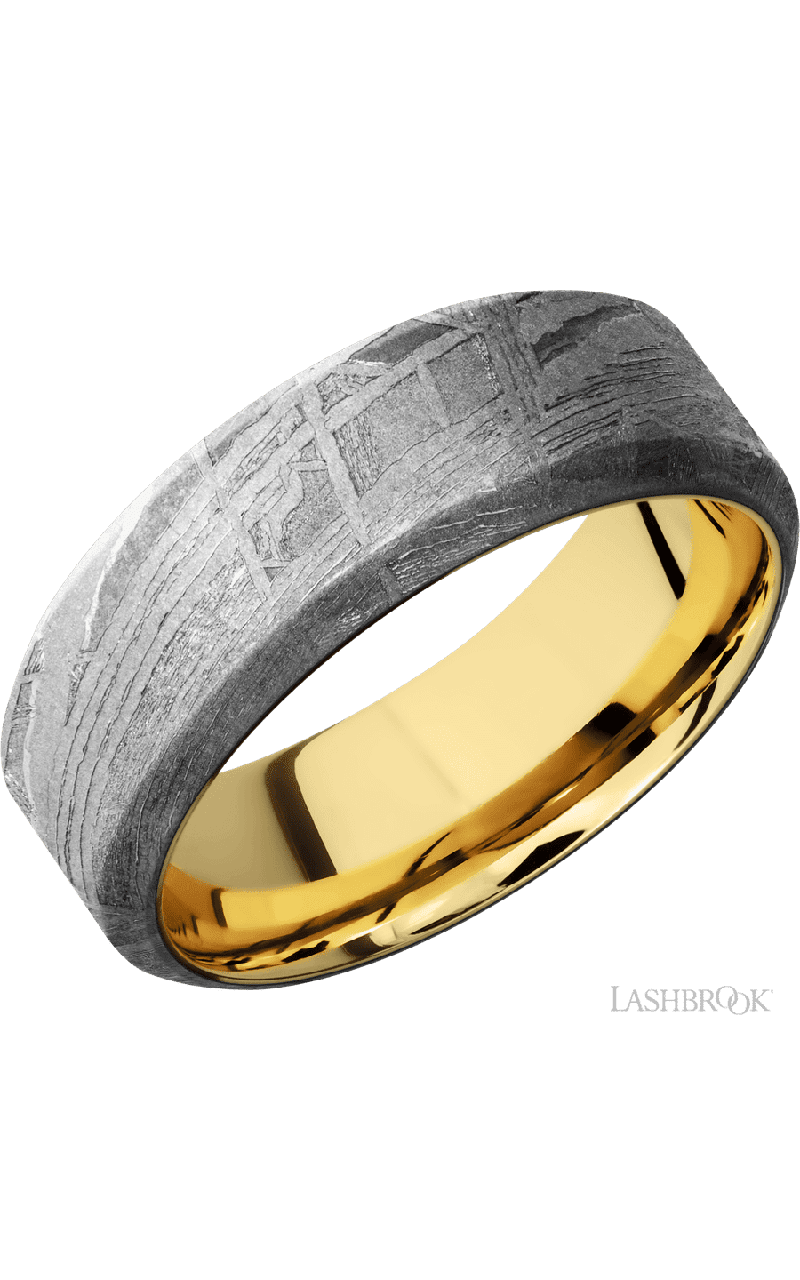 8 mm wide High Bevel Meteorite band featuring a 14K Yellow Gold sleeve.
