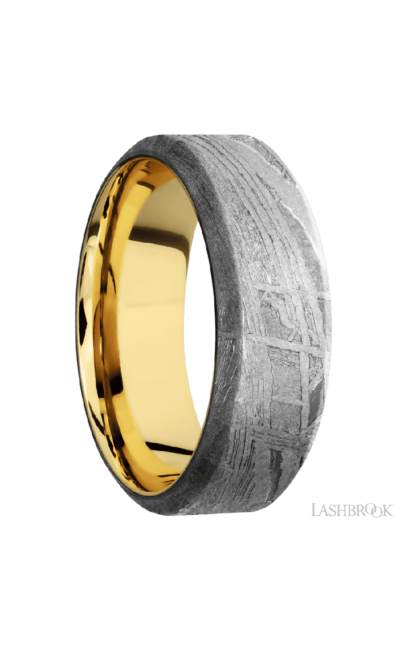 8 mm wide High Bevel Meteorite band featuring a 14K Yellow Gold sleeve.