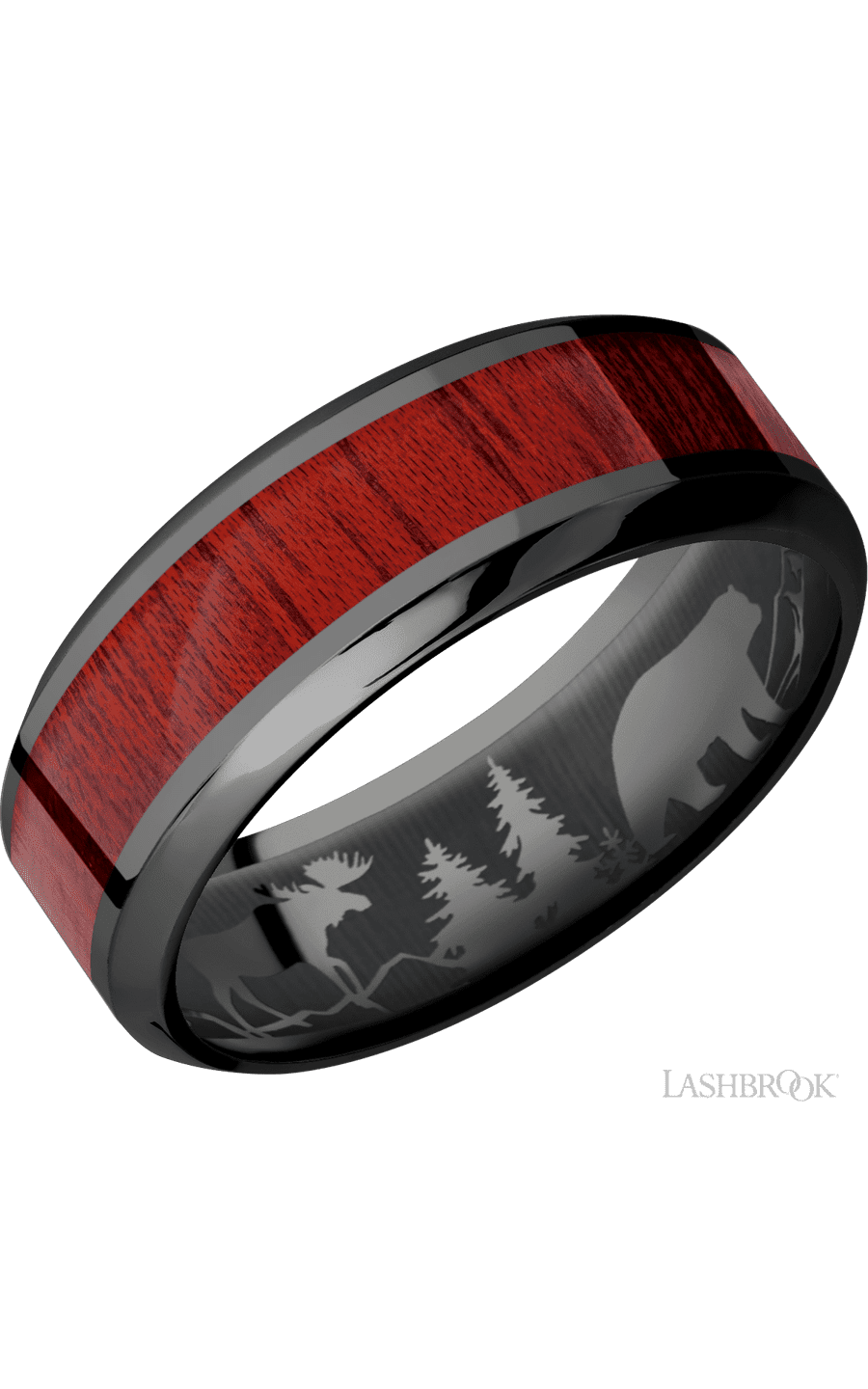 8 mm wide/High Bevel/Zirconium band with one 4 mm Centered inlay of Blood Wood.