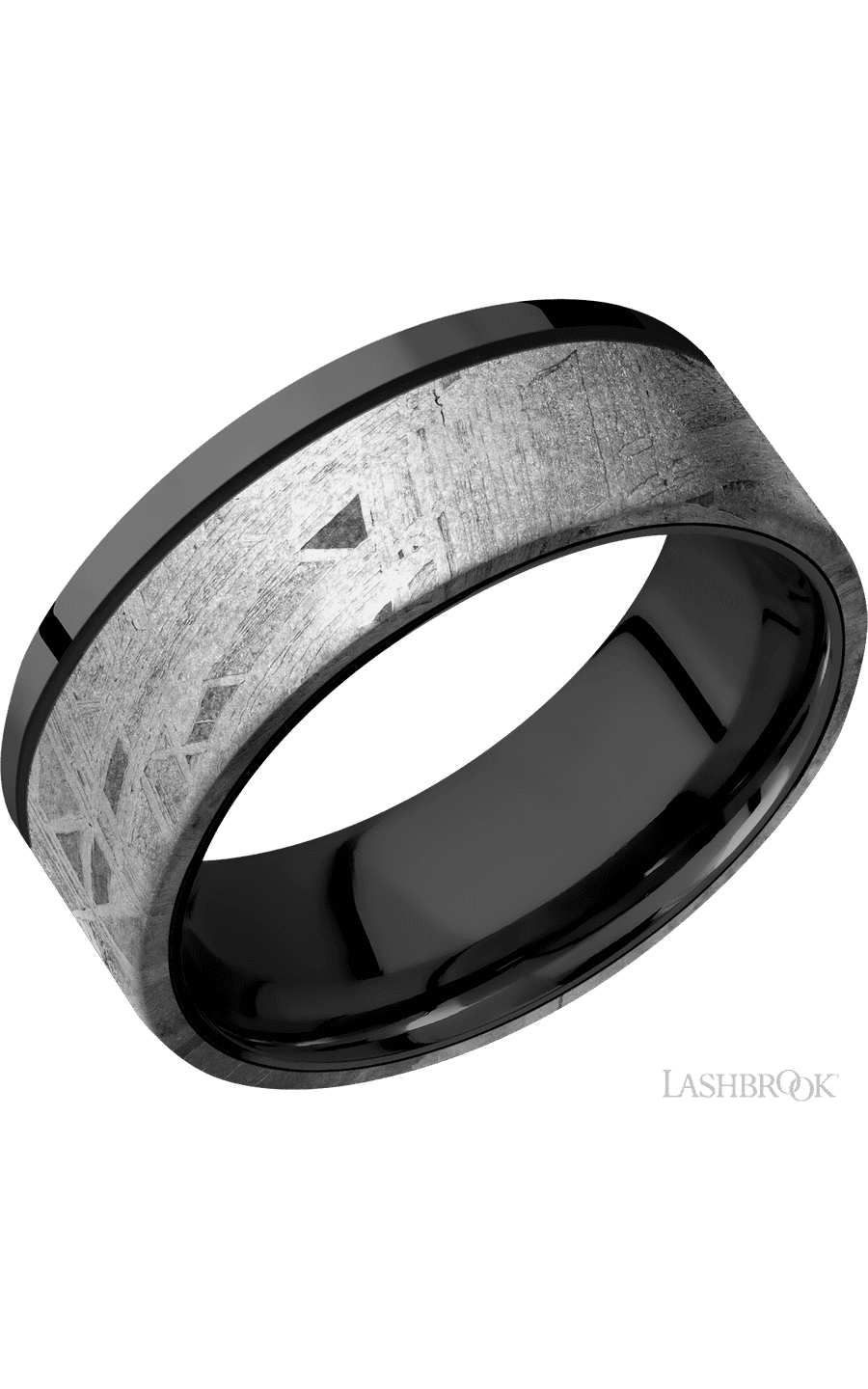 8 mm wide/Flat/Zirconium band with one 6 mm Off Center Edge inlay of Meteorite.