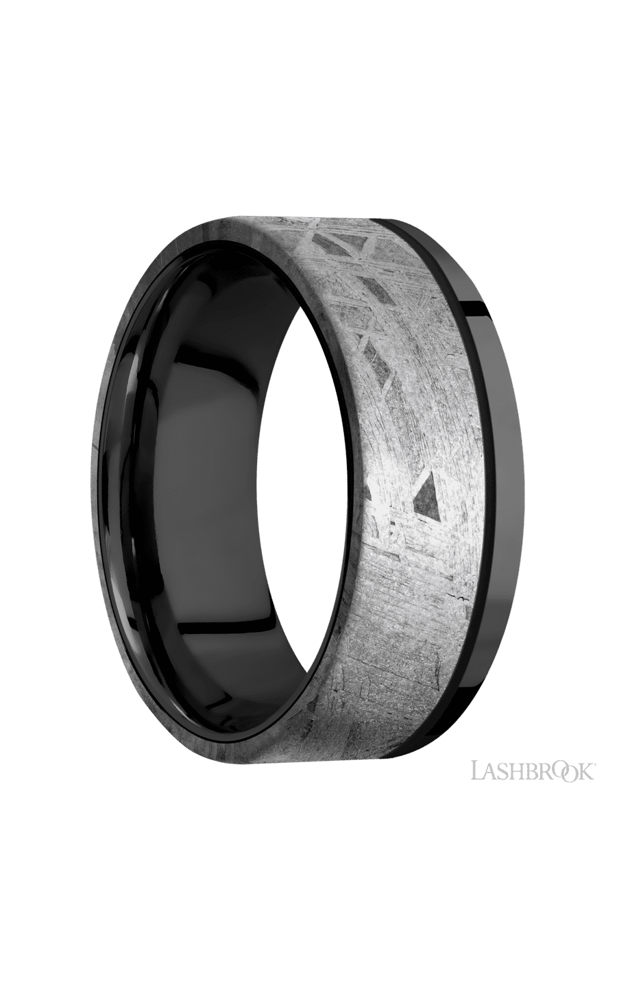 8 mm wide/Flat/Zirconium band with one 6 mm Off Center Edge inlay of Meteorite.