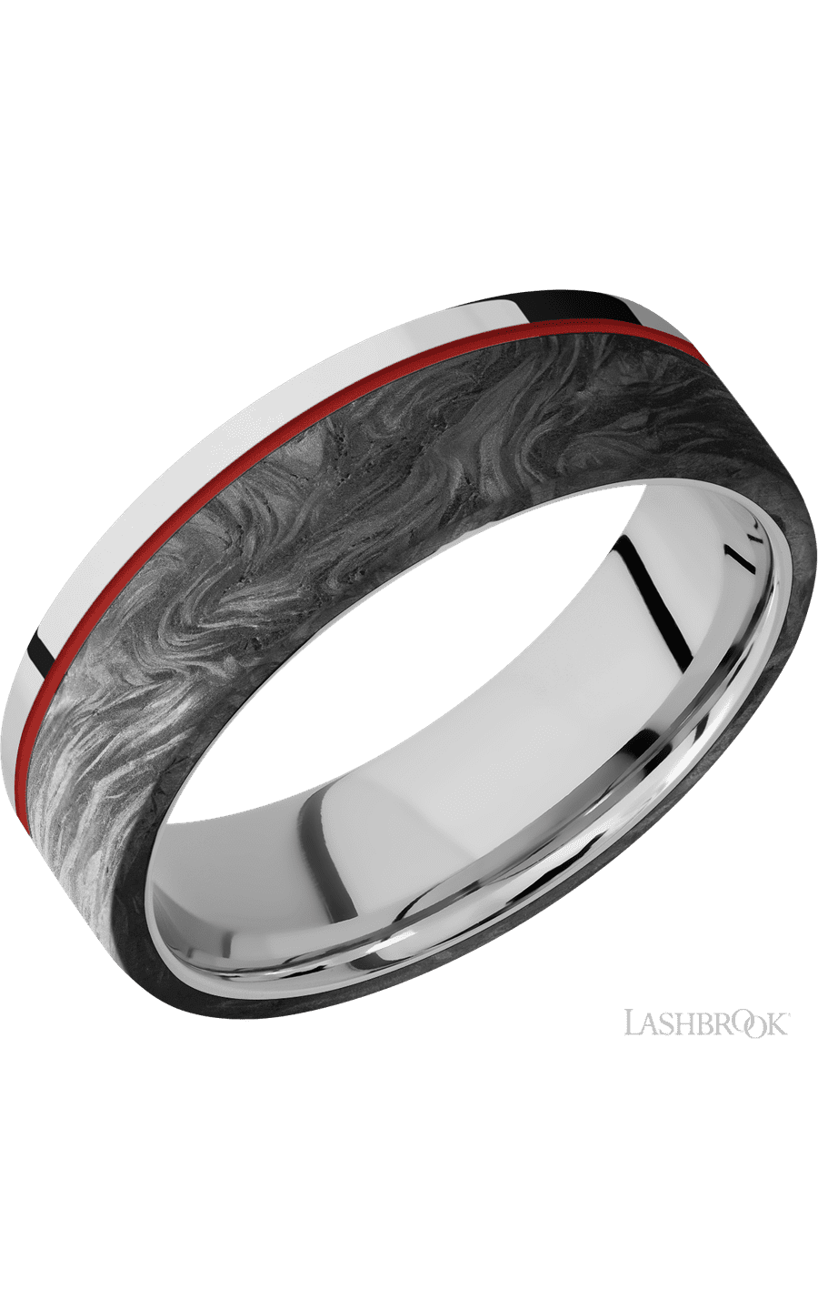 7 mm wide/Flat/Cobalt Chrome band with one 5 mm Off Center Edge inlay of Forged Carbon Fiber.