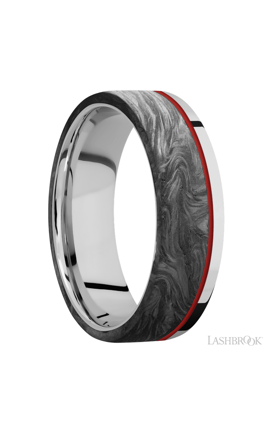 7 mm wide/Flat/Cobalt Chrome band with one 5 mm Off Center Edge inlay of Forged Carbon Fiber.