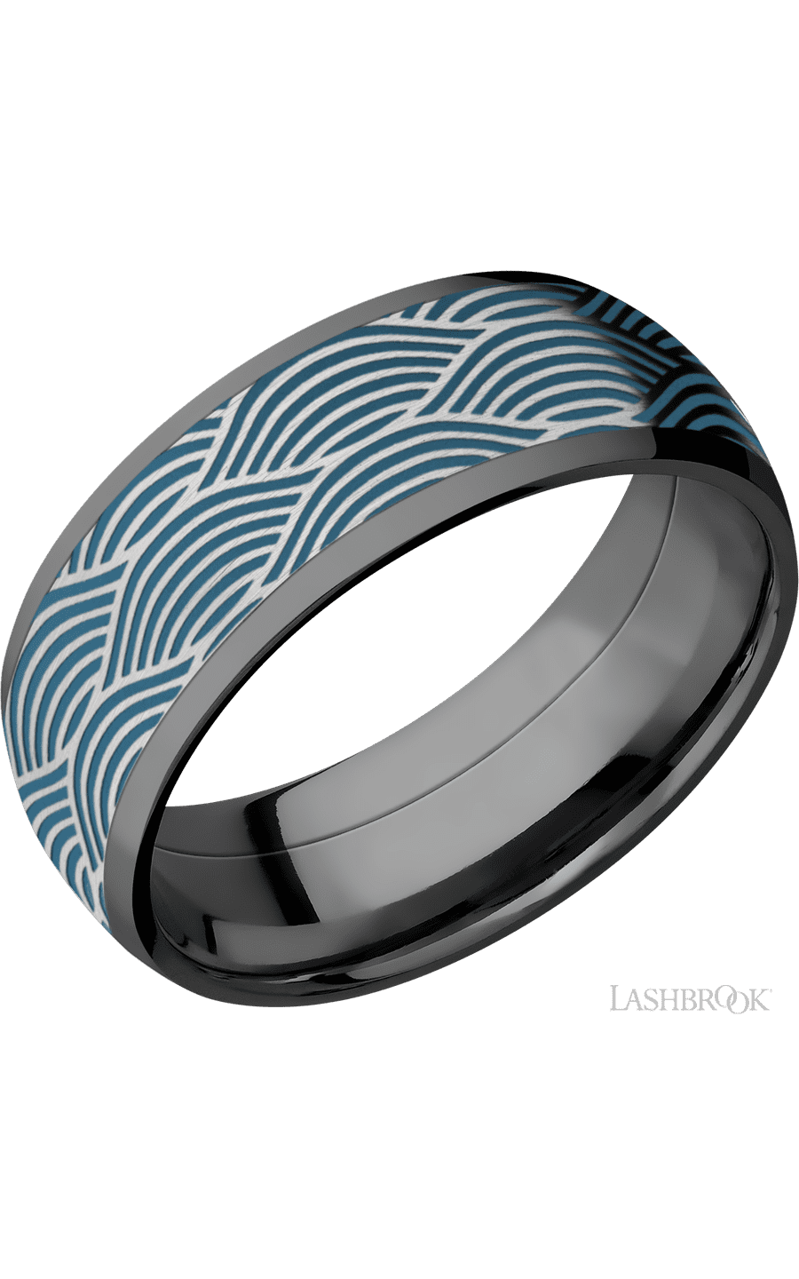 8 mm wide/Domed/Zirconium band with one 6 mm Centered inlay of Cobalt Chrome with a laser carved Navigator pattern.