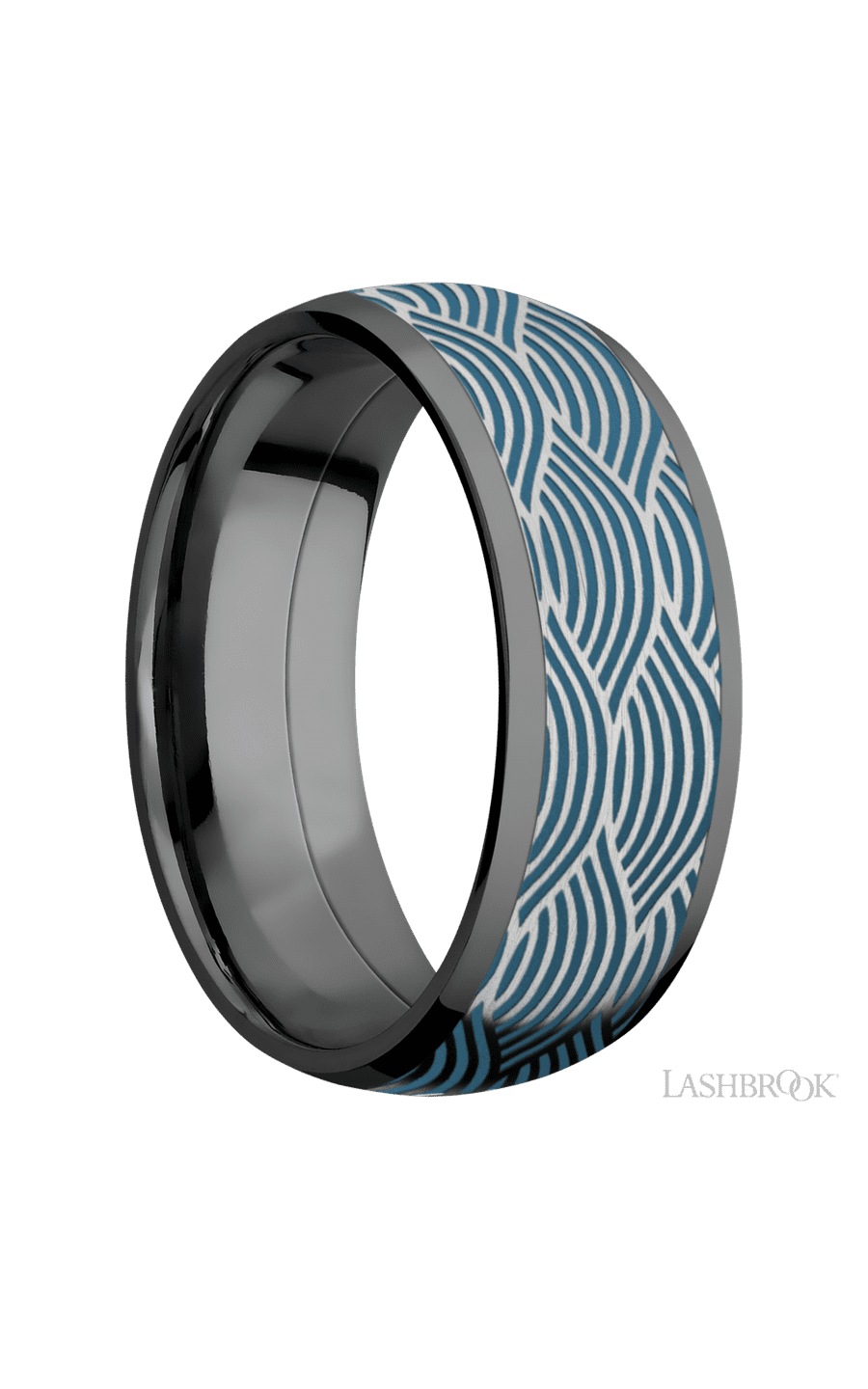 8 mm wide/Domed/Zirconium band with one 6 mm Centered inlay of Cobalt Chrome with a laser carved Navigator pattern.