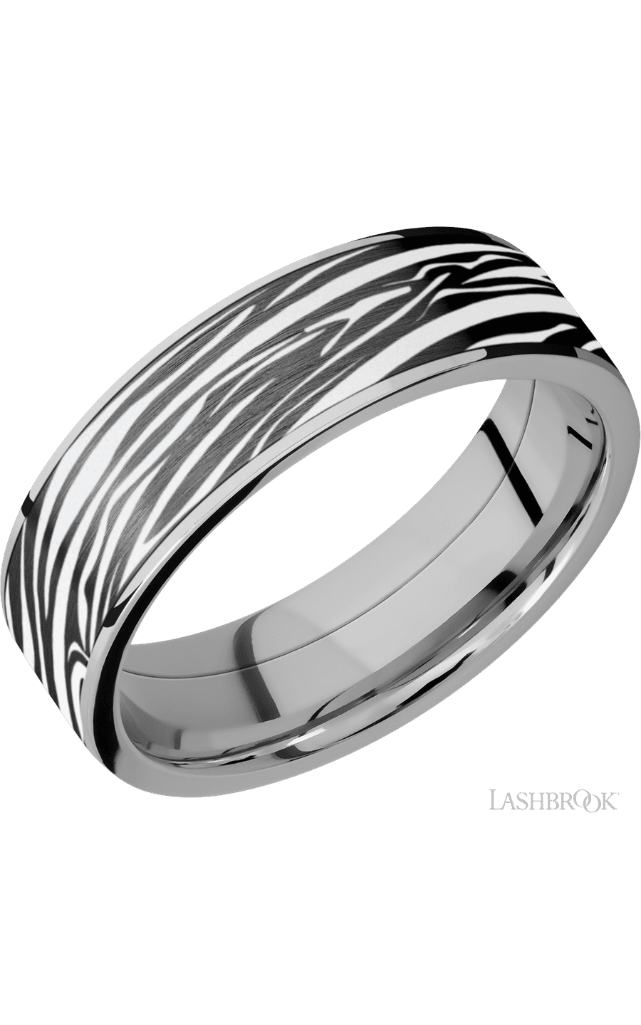 7 mm wide/Flat/Titanium band with one 6 mm Centered inlay of Zirconium with a laser carved Zebra pattern.