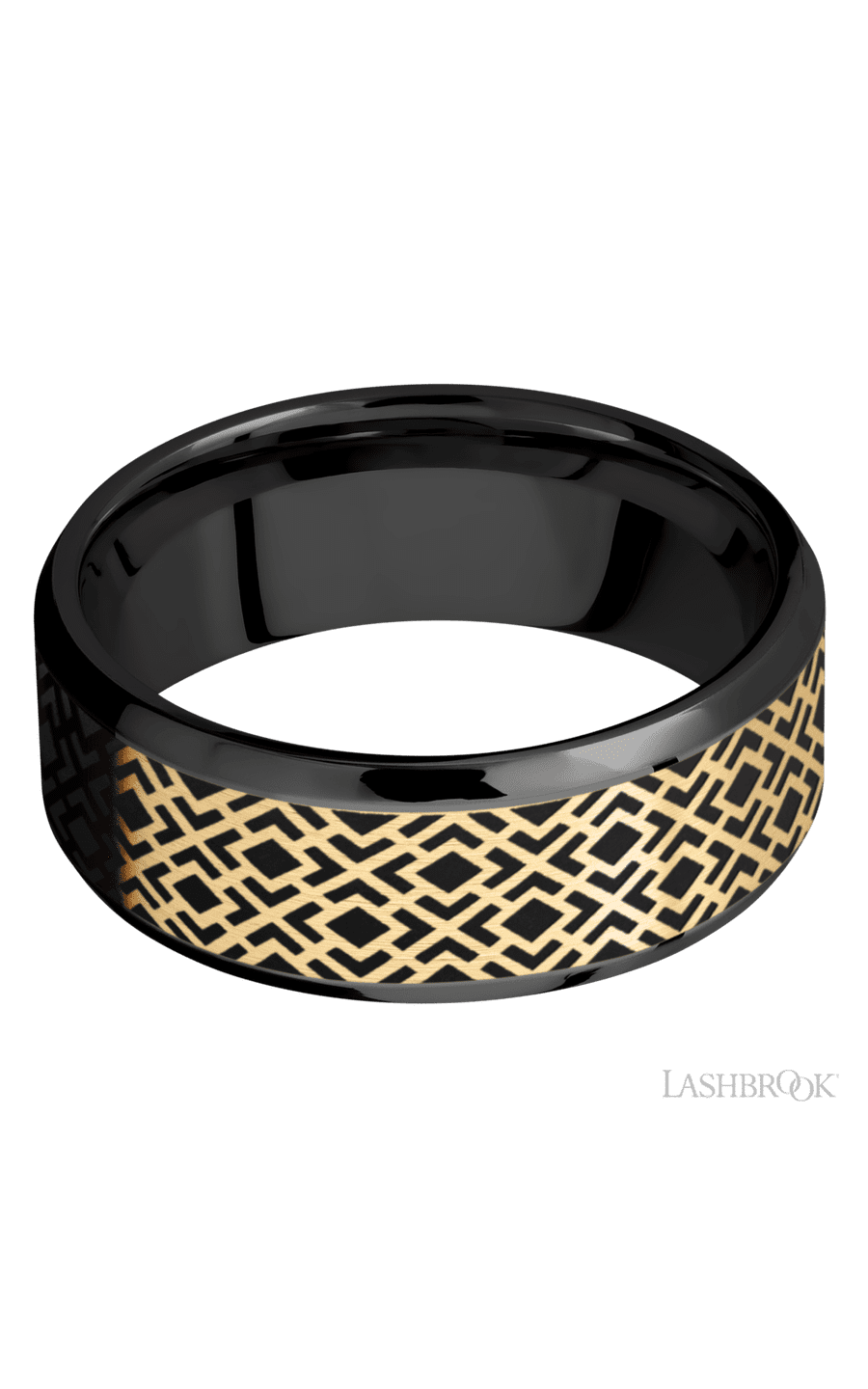 8 mm wide/Beveled/Zirconium band with one 6 mm Centered inlay of 14K Yellow Gold with a laser carved Trellis 2 pattern.