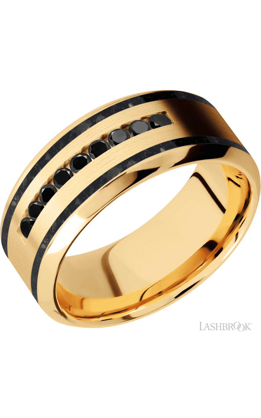 9 mm wide/High Bevel/14K Yellow Gold band with two 1 mm Wide inlays of Black Onyx and featuring an arrangement of 9, .03 carat Round Black Diamond stones in a Channel setting