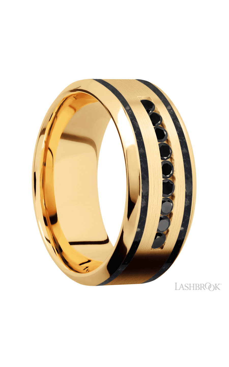 9 mm wide/High Bevel/14K Yellow Gold band with two 1 mm Wide inlays of Black Onyx and featuring an arrangement of 9, .03 carat Round Black Diamond stones in a Channel setting