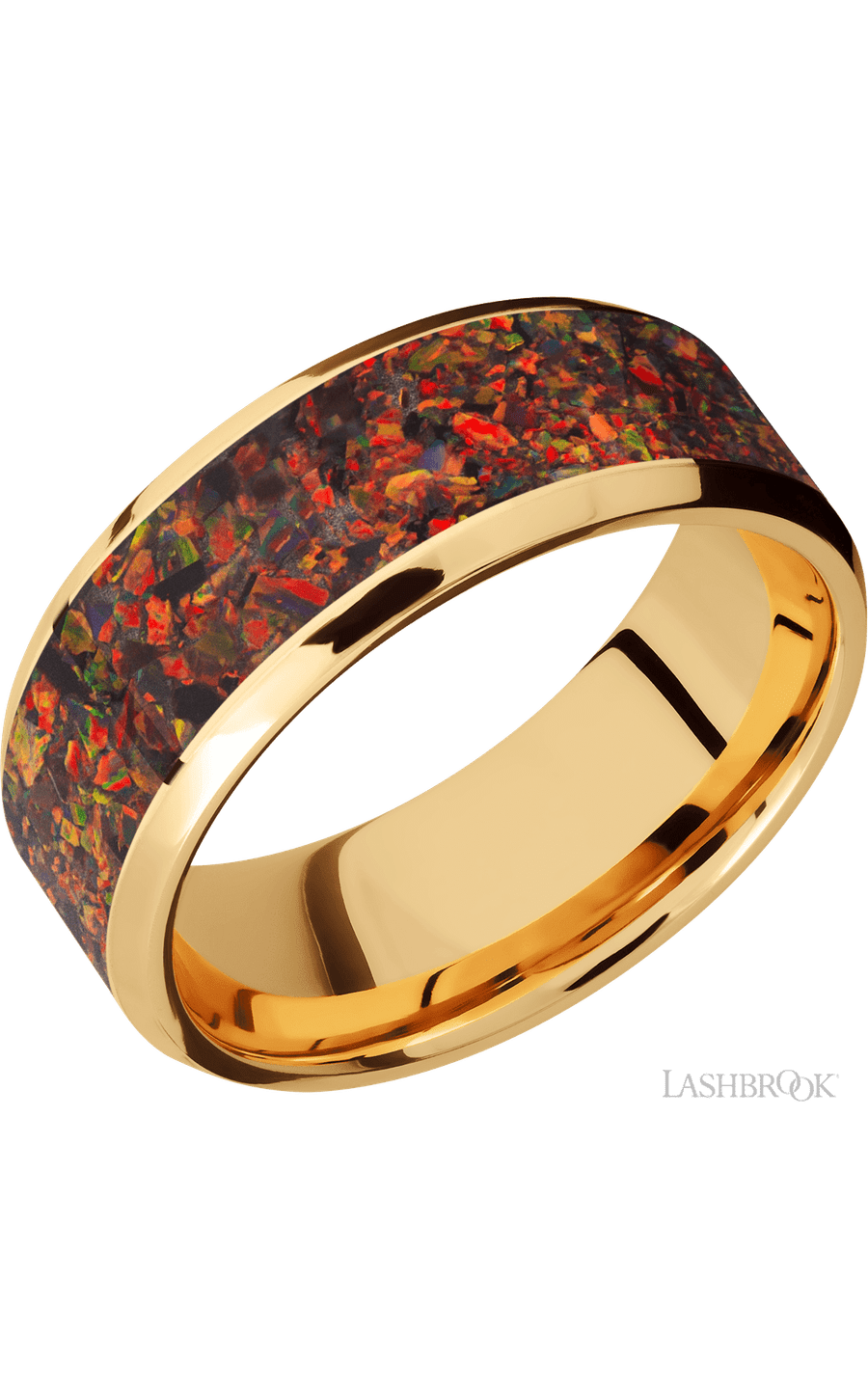 8 mm wide/Beveled/14K Yellow Gold band with one 6 mm Centered inlay of Red Opal.