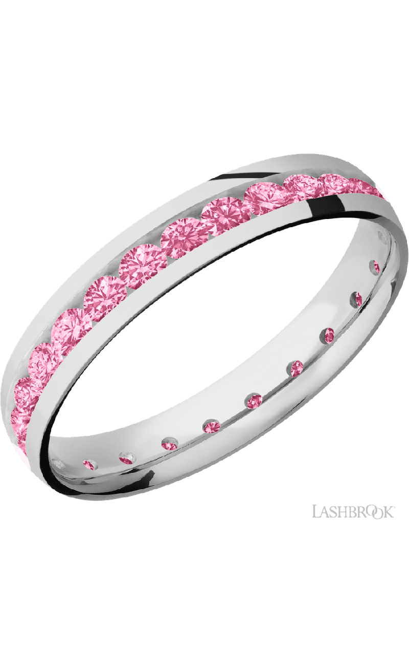 4 mm wide/Domed/Cobalt Chrome band with an Eternity arrangement of .07 carat Round Lab Dark Pink Diamond stones in a Channel setting.