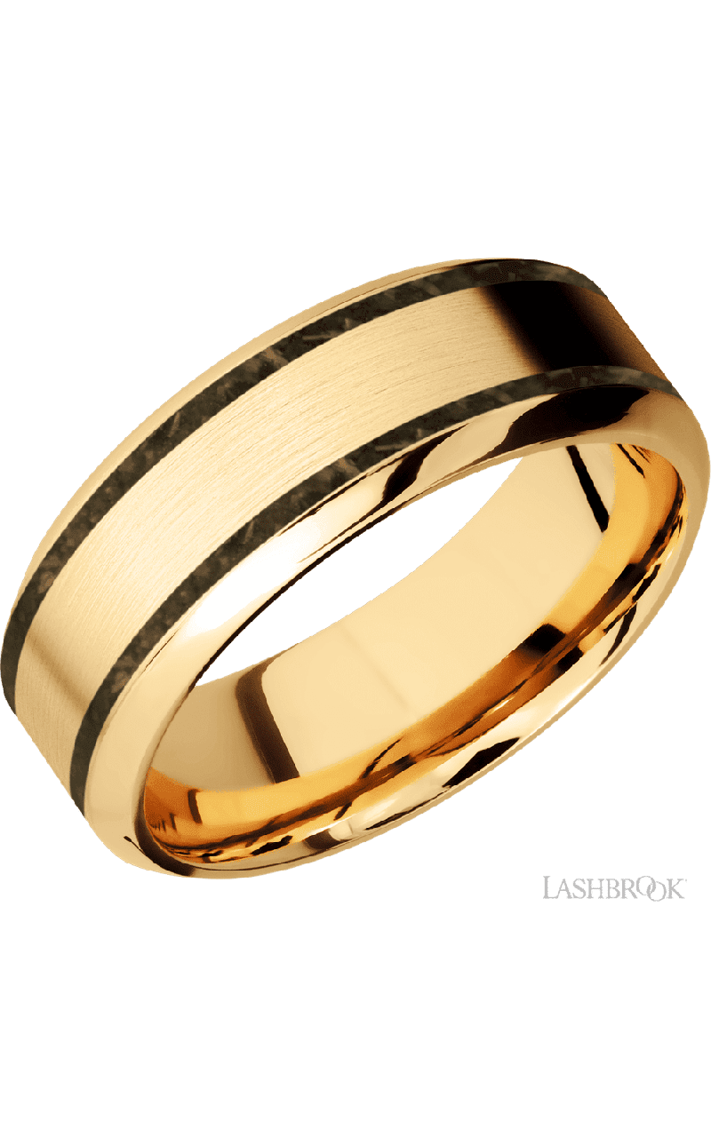 8 mm wide/High Bevel/14K Yellow Gold band with two 1 mm Wide inlays of Gold Tiger Eye.