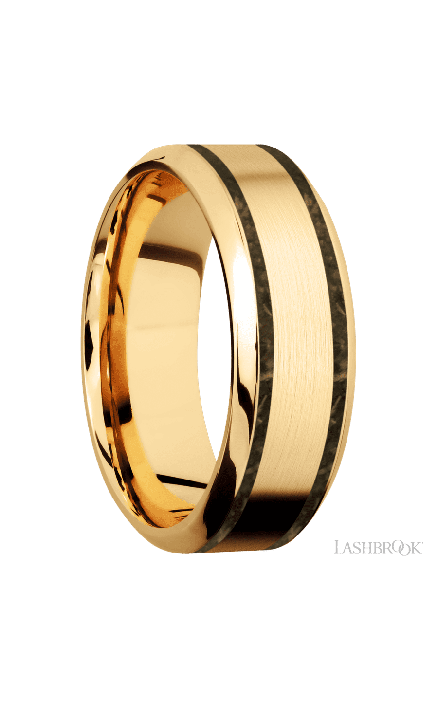 8 mm wide/High Bevel/14K Yellow Gold band with two 1 mm Wide inlays of Gold Tiger Eye.