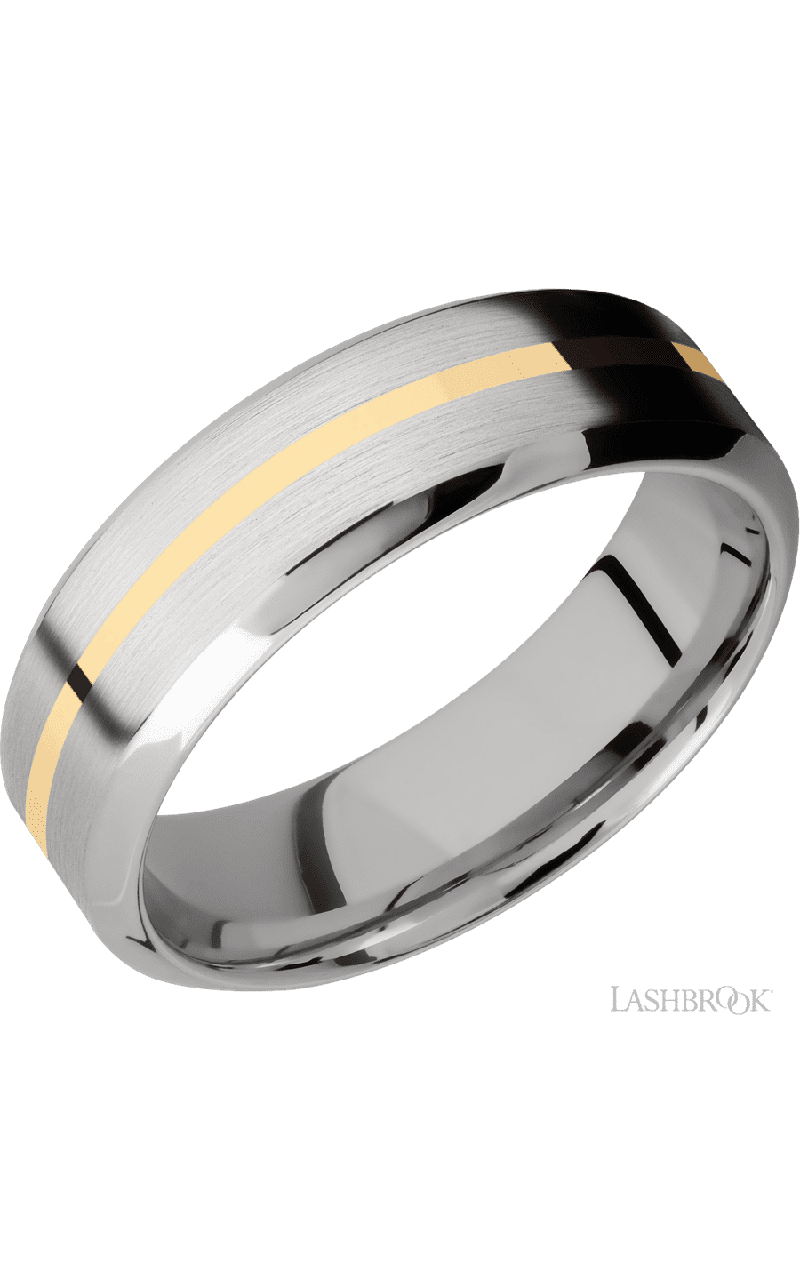 7 mm wide/High Bevel/14K White Gold band with one 1 mm Centered inlay of 14K Yellow Gold.