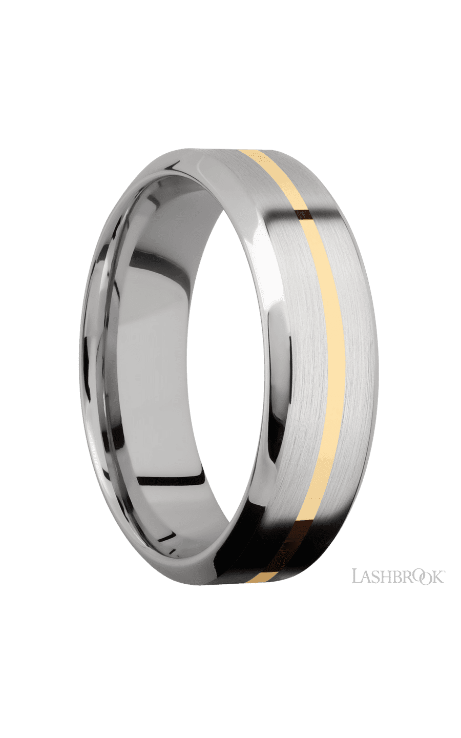 7 mm wide/High Bevel/14K White Gold band with one 1 mm Centered inlay of 14K Yellow Gold.