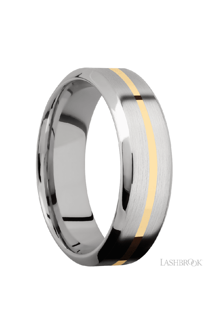 7 mm wide/High Bevel/14K White Gold band with one 1 mm Centered inlay of 14K Yellow Gold.