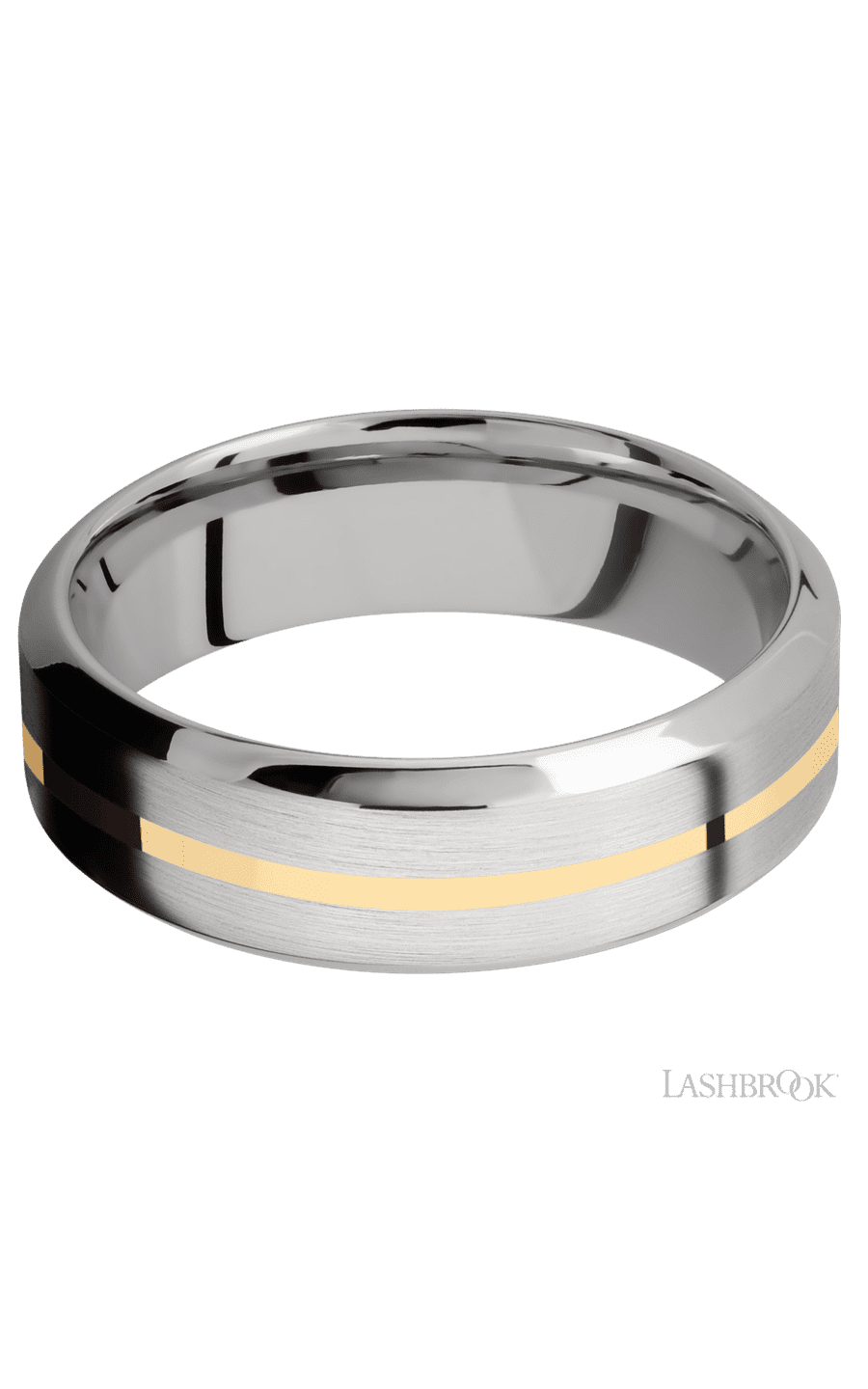 7 mm wide/High Bevel/14K White Gold band with one 1 mm Centered inlay of 14K Yellow Gold.
