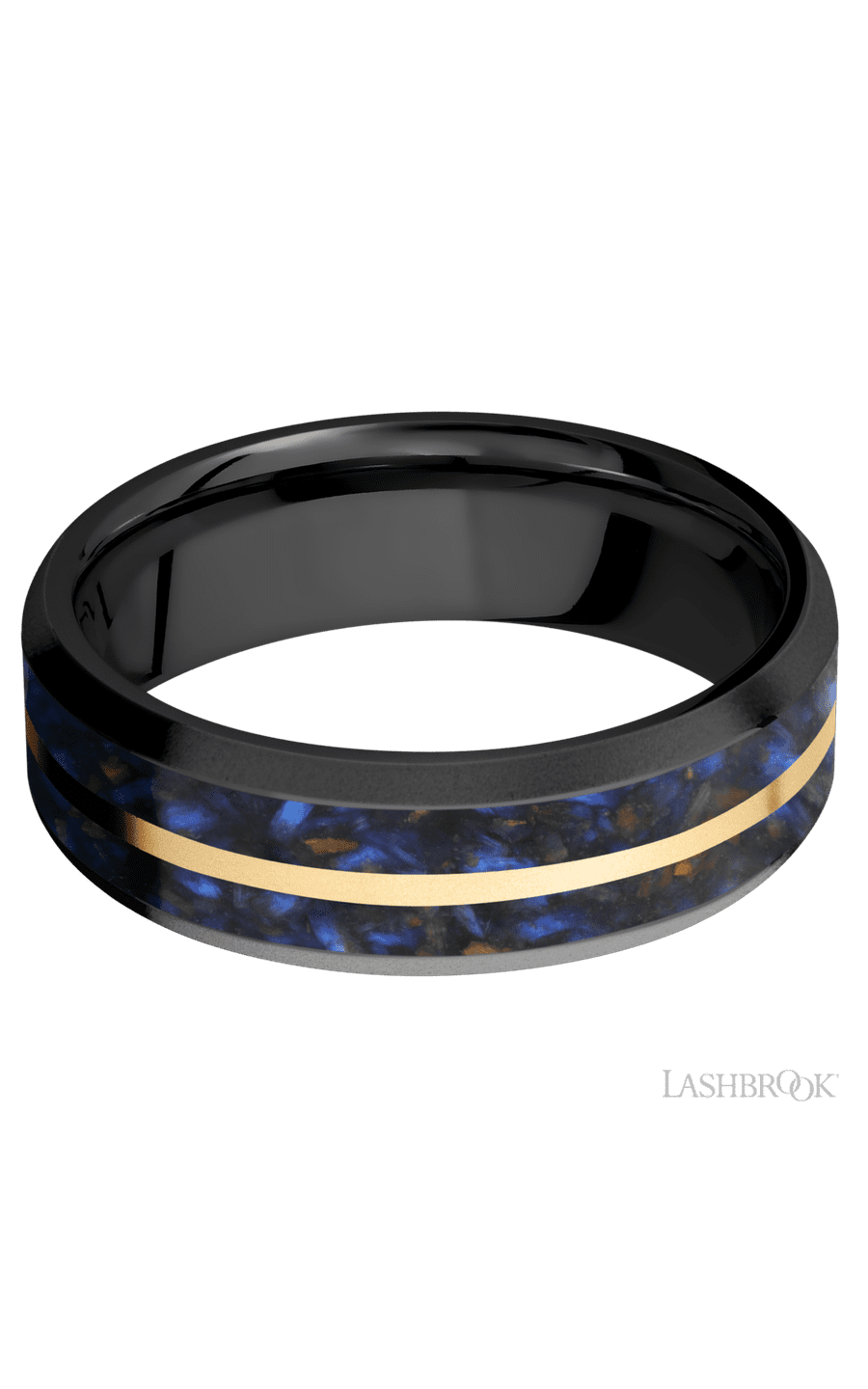 7 mm wide/Beveled/Zirconium band featuring inlays of Blue Tiger Eye and 14K Yellow Gold.