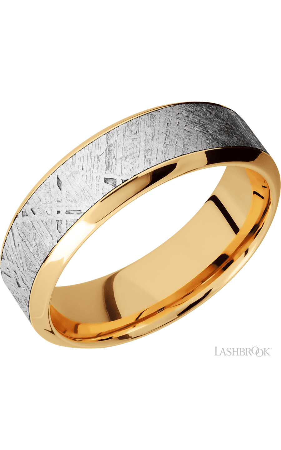 7 mm wide/High Bevel/18K Yellow Gold band with one 4 mm Centered inlay of Meteorite.