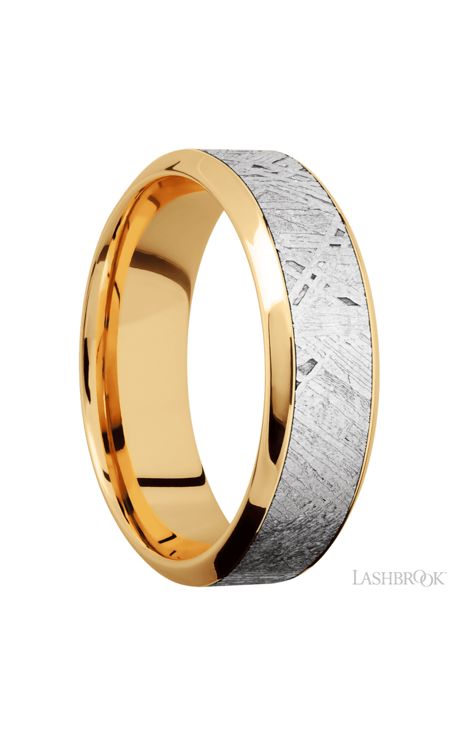 7 mm wide/High Bevel/18K Yellow Gold band with one 4 mm Centered inlay of Meteorite.