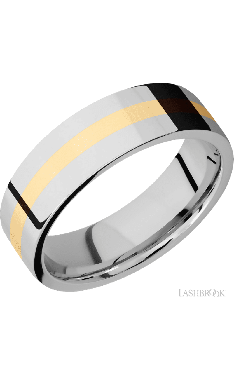 7 mm wide/Flat/14K White Gold band with one 2 mm Centered inlay of 14K Yellow Gold.