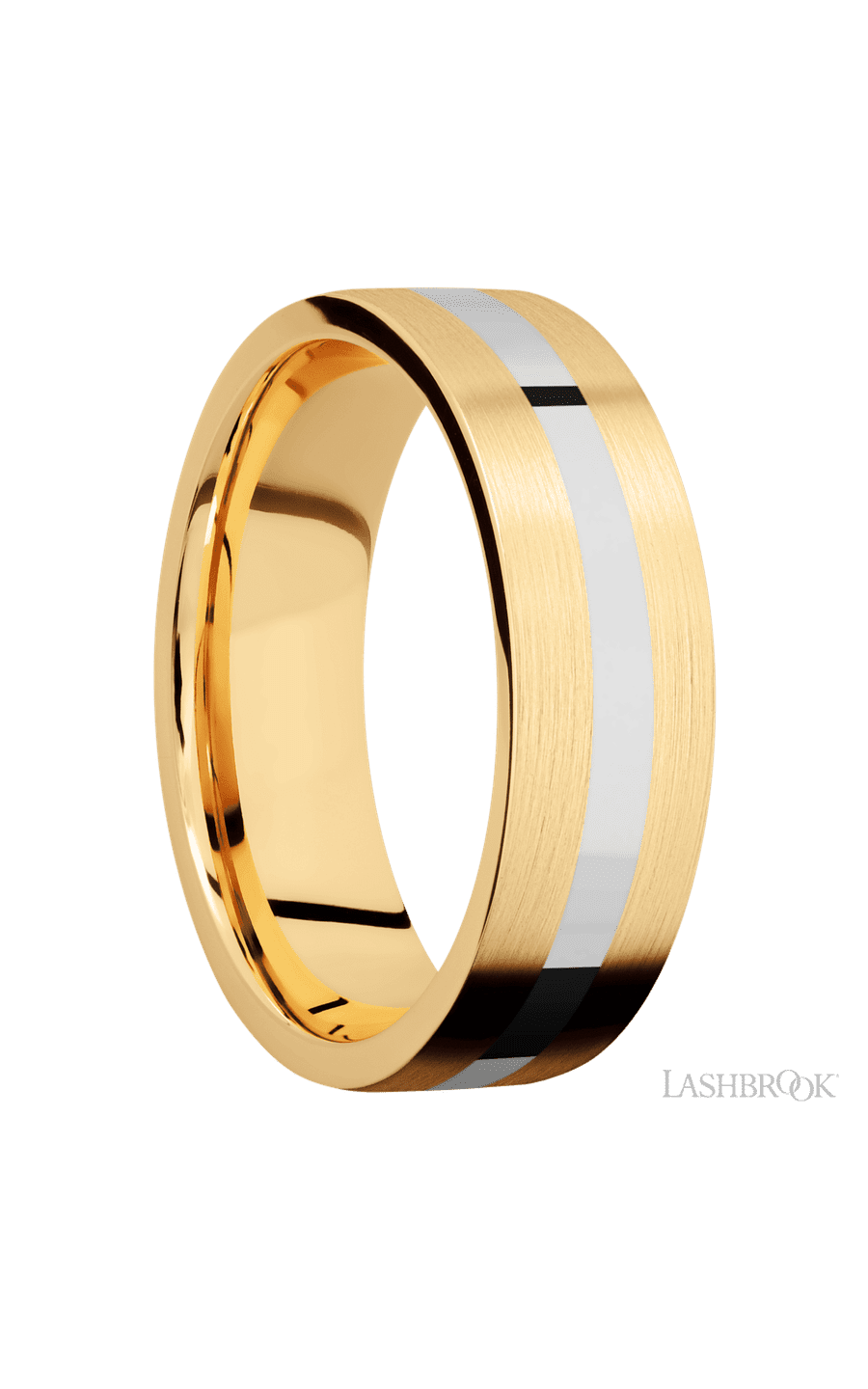 7 mm wide/Flat/14K Yellow Gold band with one 2 mm Centered inlay of 14K White Gold.