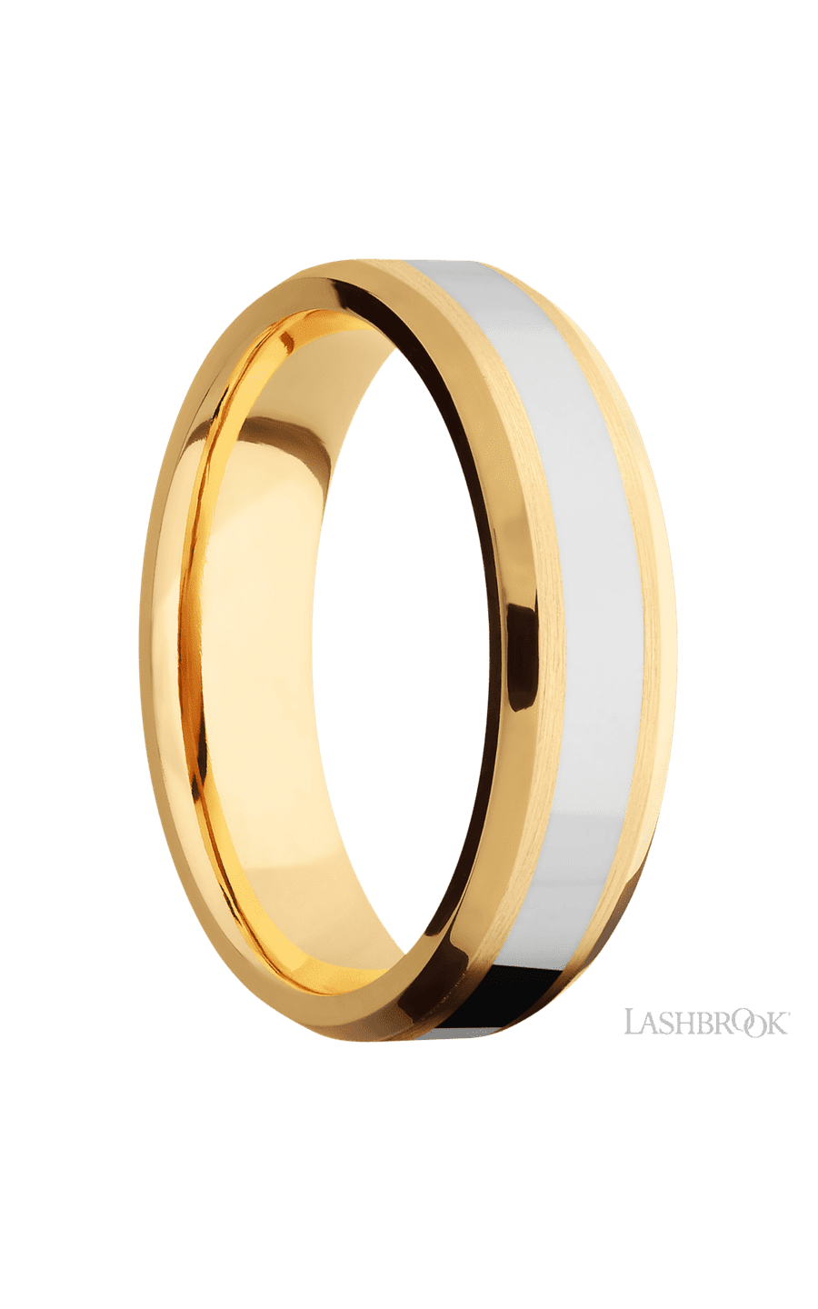 6 mm wide/Beveled/14K Yellow Gold band with one 3 mm Centered inlay of 14K White Gold.