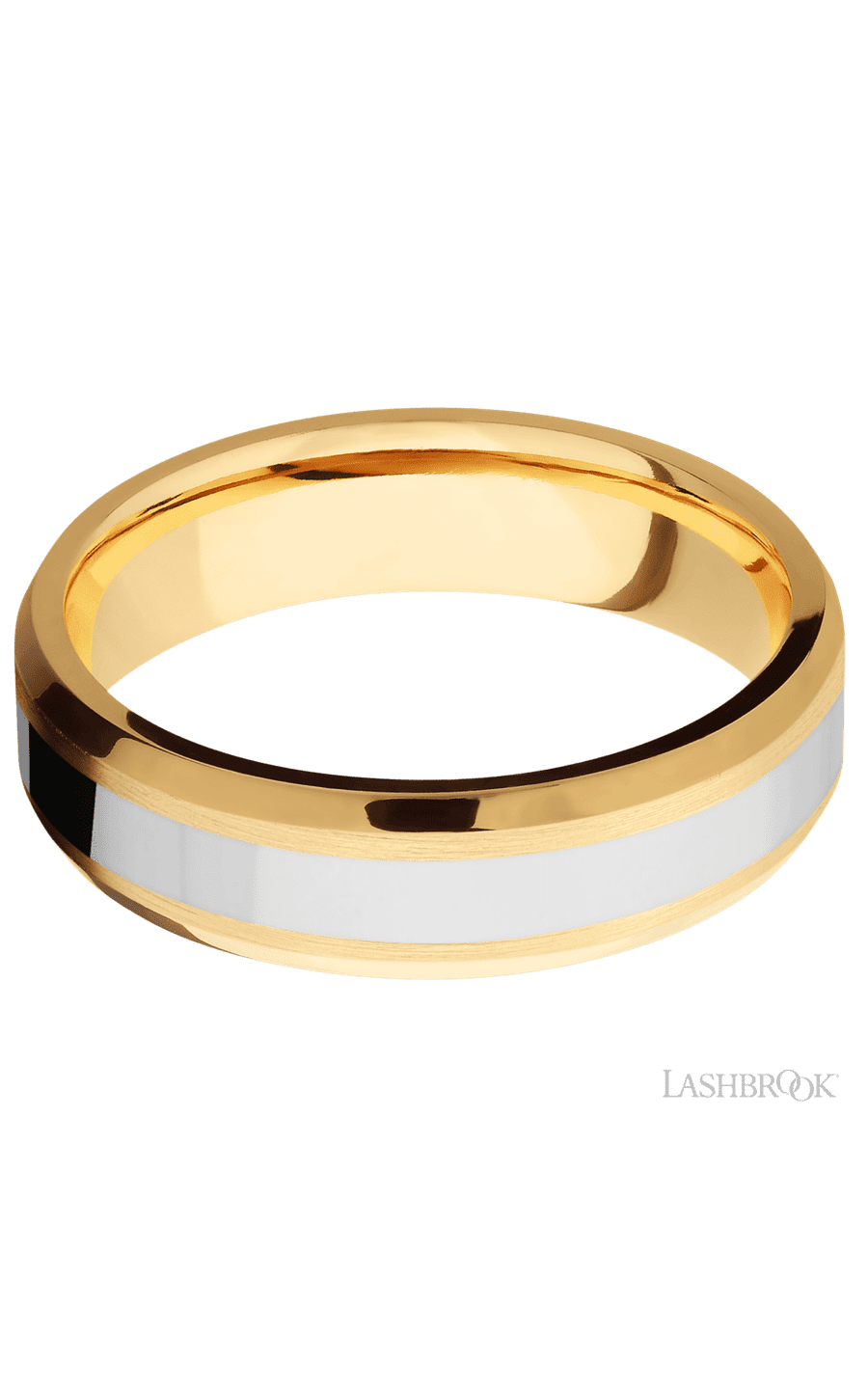 6 mm wide/Beveled/14K Yellow Gold band with one 3 mm Centered inlay of 14K White Gold.