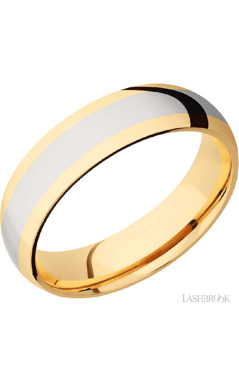 6 mm wide/Domed/14K Yellow Gold band with one 3 mm Centered inlay of 14K White Gold.