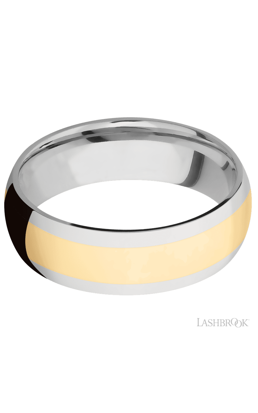 7 mm wide/Domed/14K White Gold band with one 4 mm Centered inlay of 14K Yellow Gold.