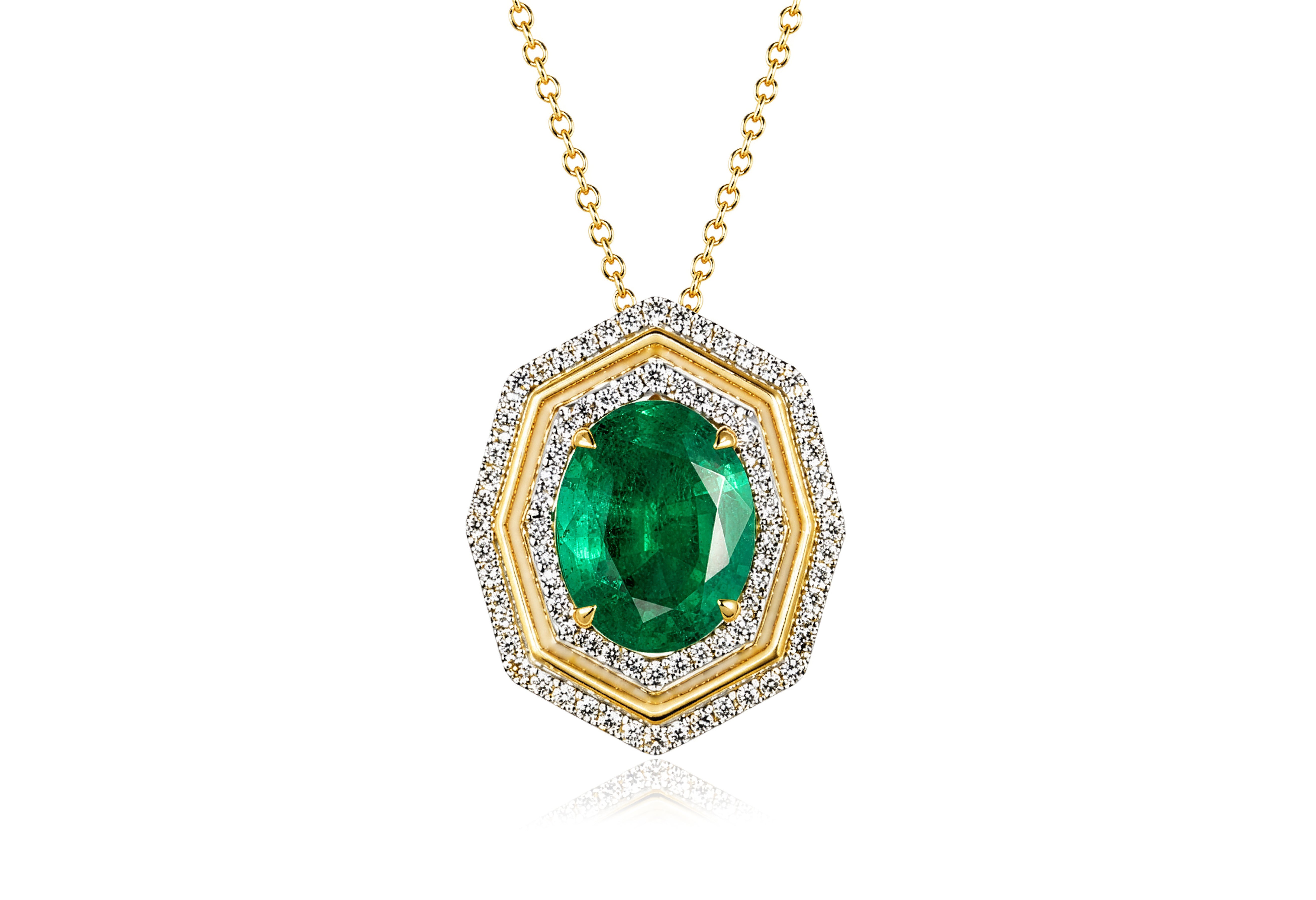 14K Yellow and White Gold Pendant 3.7g Natural RBC Diamonds and Oval Cut Emerald 18 inch Chain