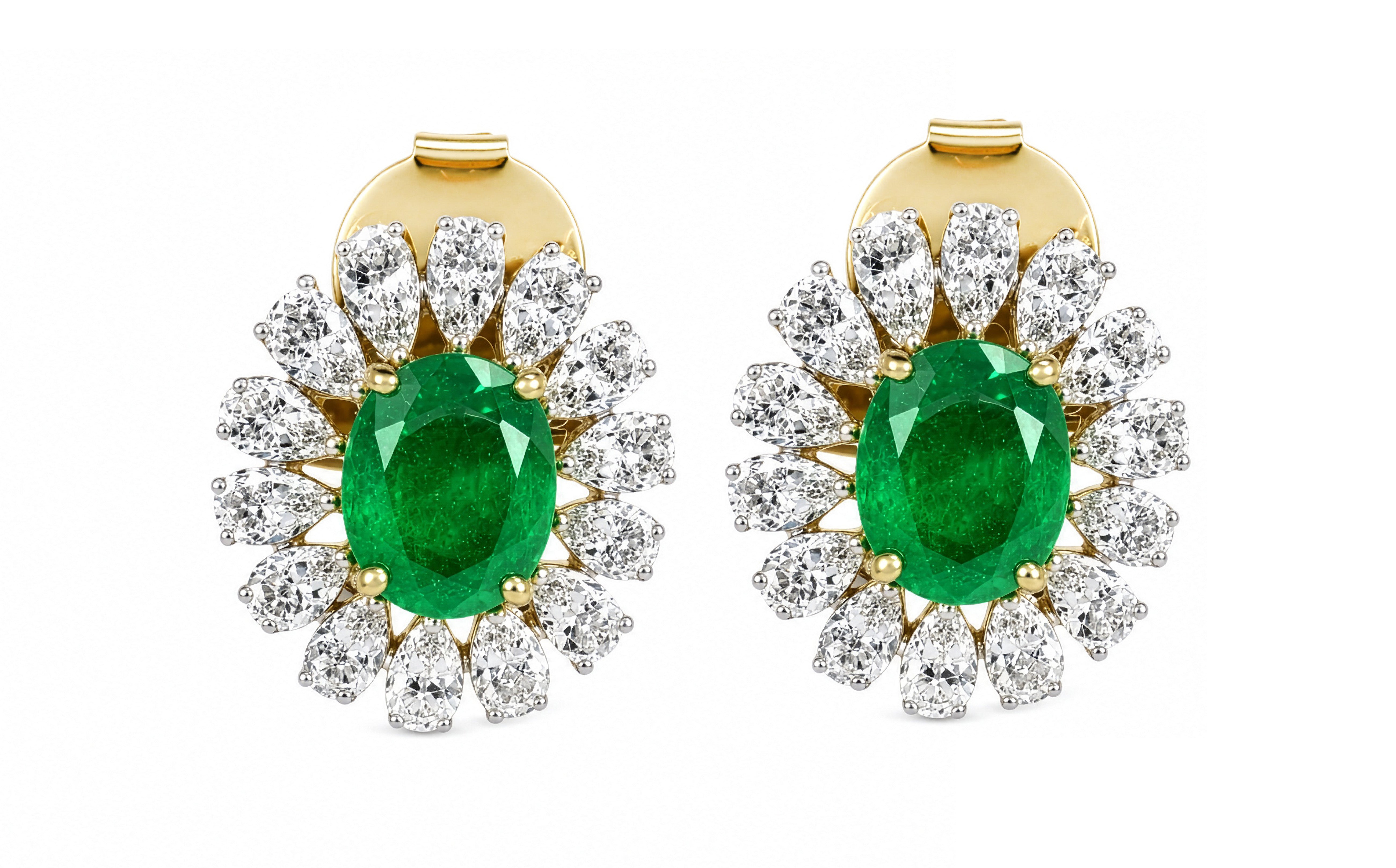 14k Yellow Gold Oval Emerald & Diamond Halo Friction Back Stud Earrings