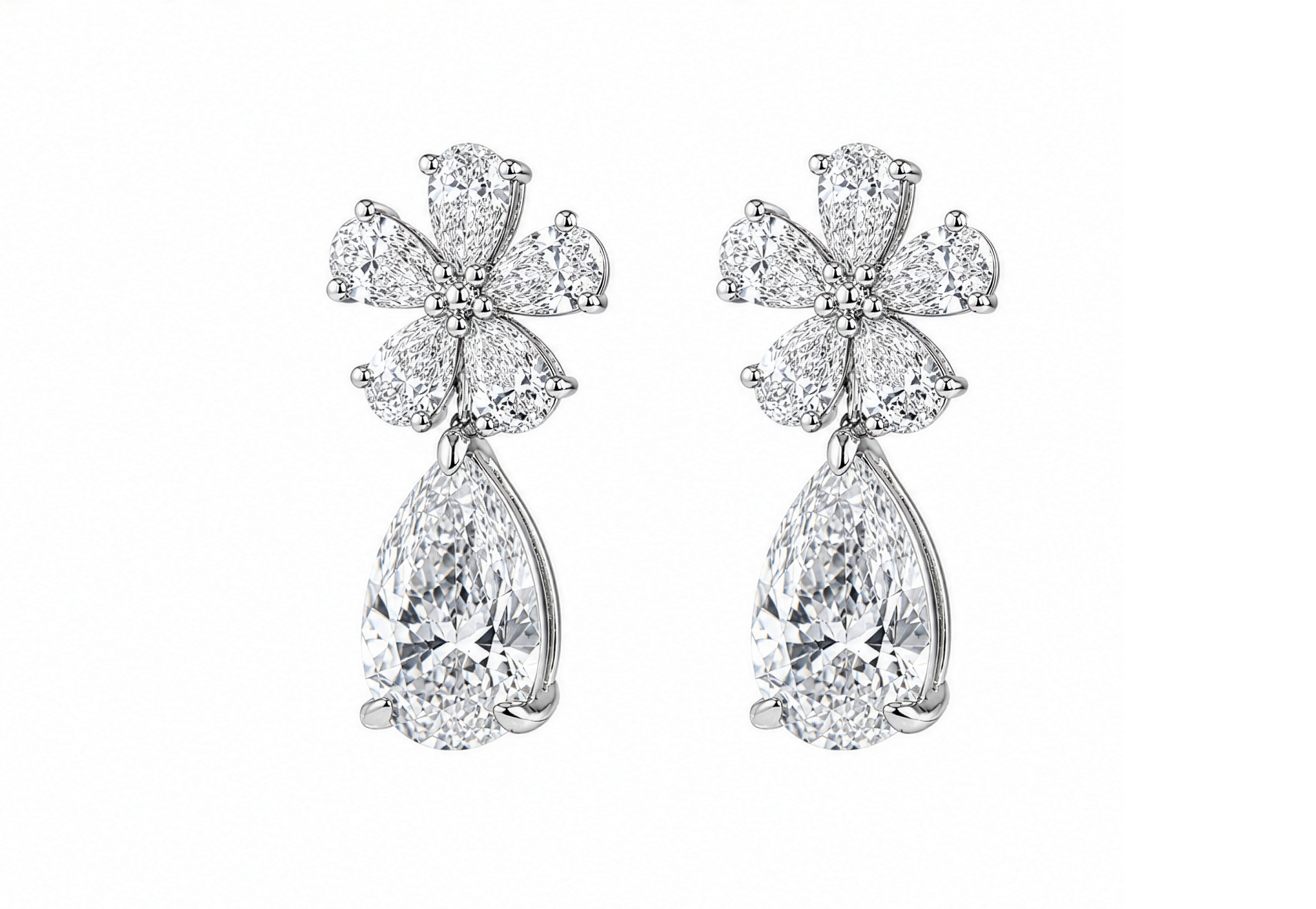 14K White Gold Lab Grown Diamond Accented Floral Dangle Earrings