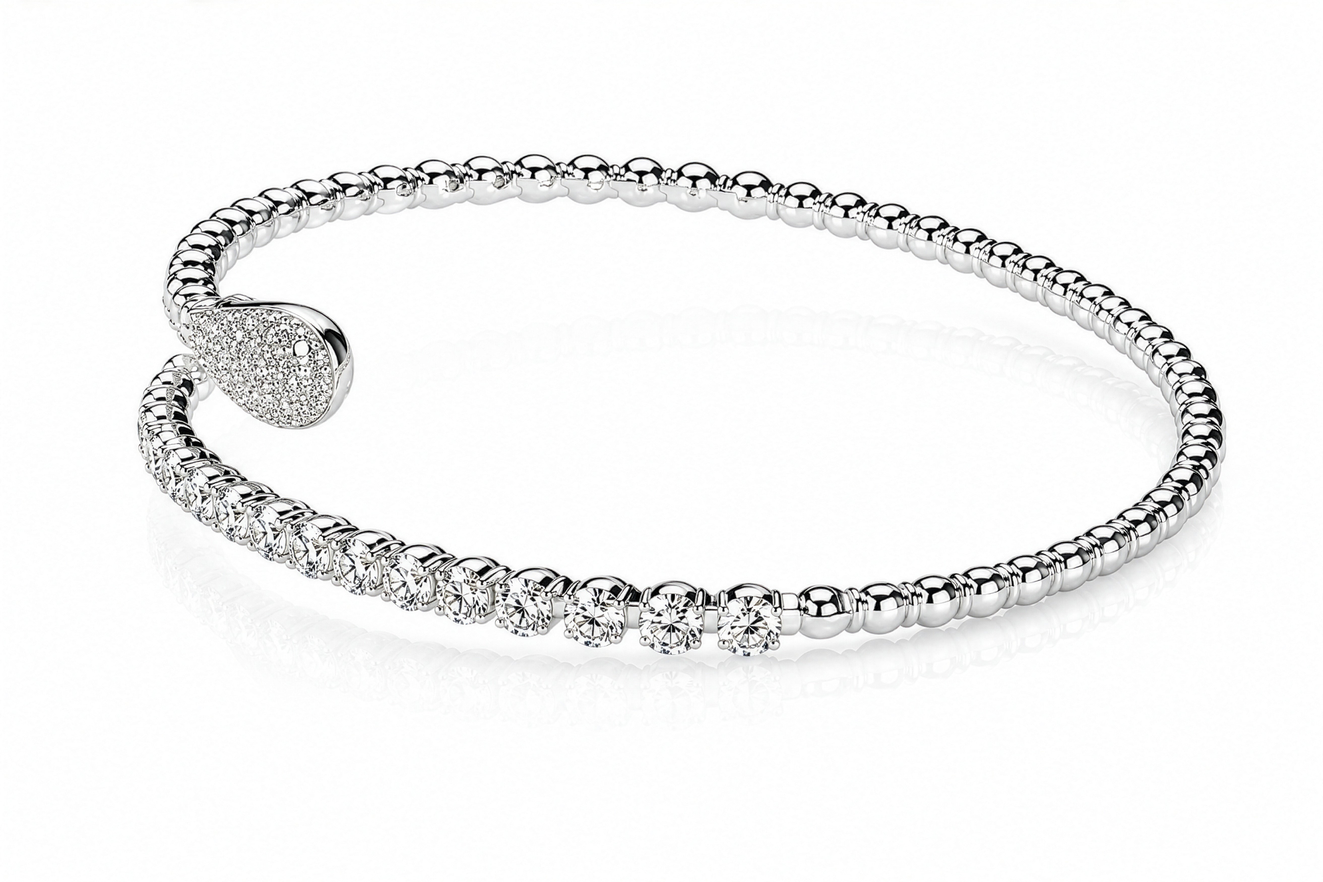 14K White Gold Tear Drop Cuff Natural Diamond Accented beaded Cuff Flexible Bangle Bracelet