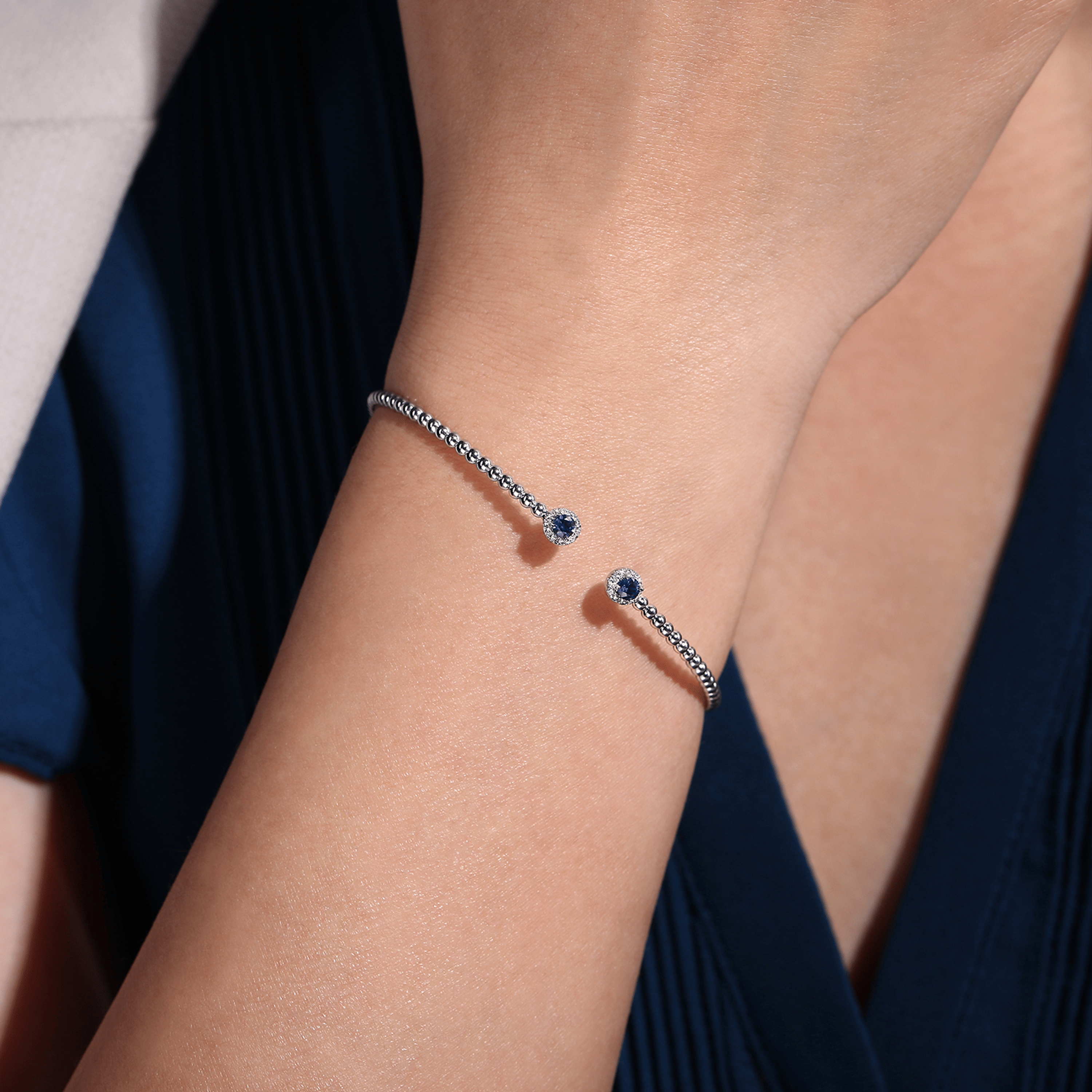 14K White Gold Bujukan Bead Split Cuff Bracelet with Sapphire and Diamond