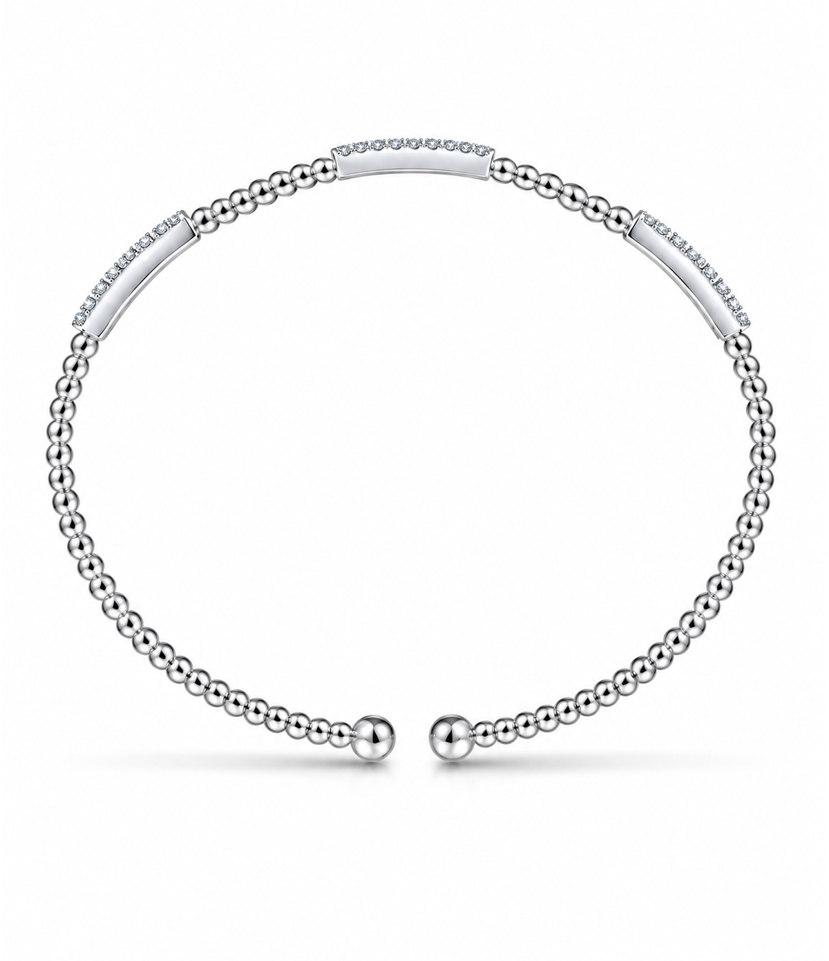 14K White Gold Bujukan Bead Cuff Bracelet with Diamond Pave Stations
