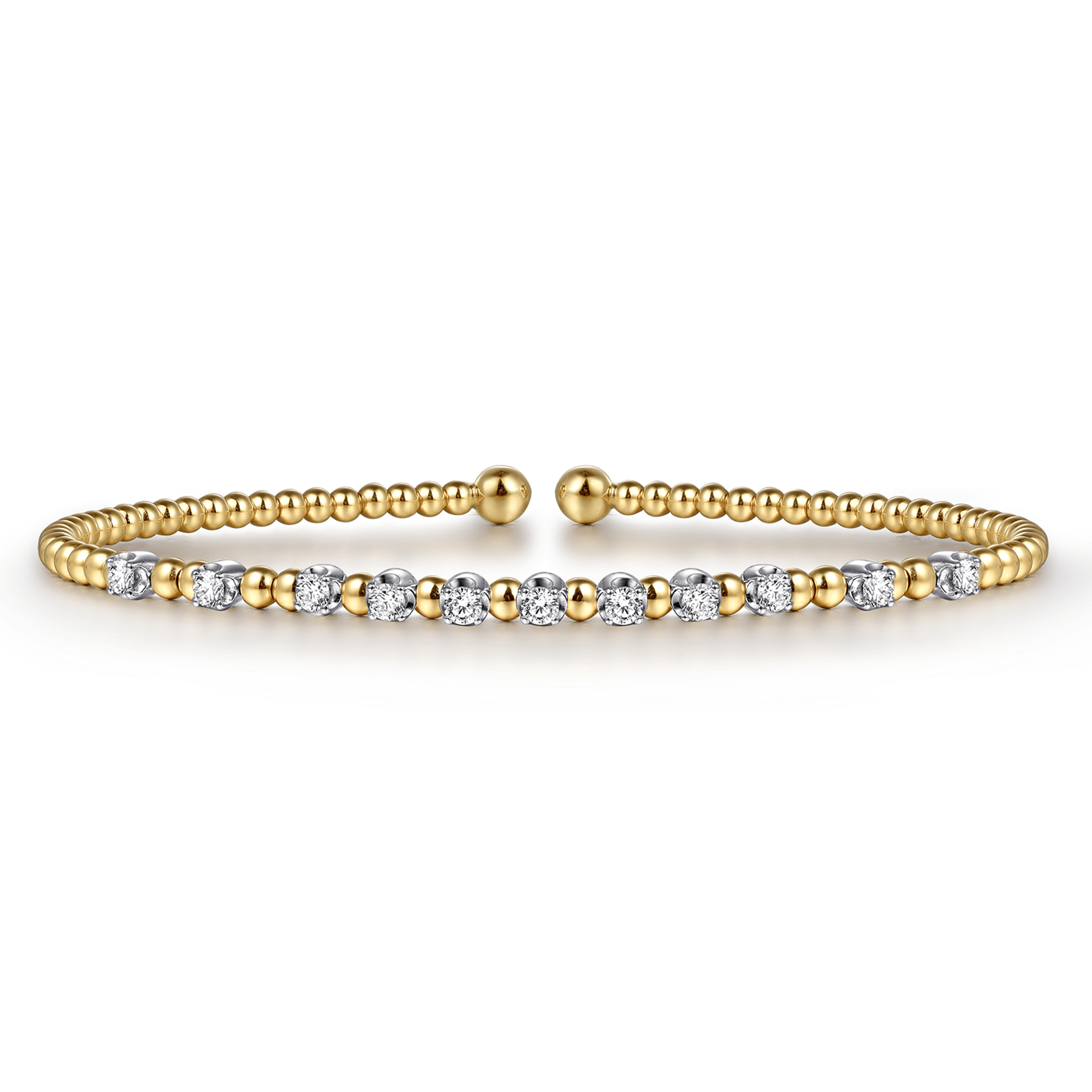 14K Yellow Gold Bujukan Bead Split Cuff Bracelet with Round White Gold Diamond Stations